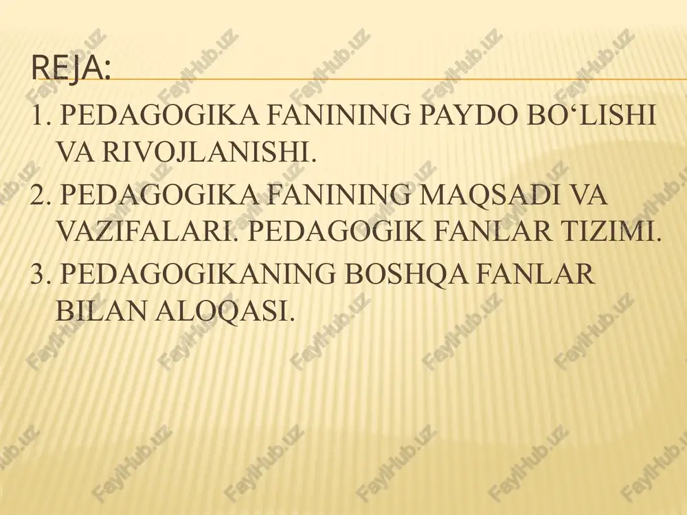 iy talablarga javob beruvchi yuqori malakali kadrni tarbiyalashga yo‘naltirilgan pedagogik jarayonning mohiyatini o'rganish. 2. shaxsni har tomonlama kamol toptirish qonuniyatlarini aniqlash. 3. ijtimoiy taraqqiyot darajasidan kelib chiqqan holda, rivojlangan xorijiy mamlakatlar ta ’lim tizimi tajribasini o ‘rganish asosida uzluksiz ta ’lim tizimini takomillashtirish. 4. t a’lim muassasalari hamda, ularda faoliyat olib borayotgan pedagoglar faoliyati mazmunini asoslash. 5. llg‘or pedagogik tajribalarni umumlashtirish va amaliyotga joriy etish. 6. pedagoglarni pedagogika nazariyasiga oid bilimlar hamda ta ’lim- tarbiya usullari bilan qurollantirish. 7. ta’lim-tarbiya birligi hamda ijtimoiy tarbiya yo‘nalishlari o'rtasidagi o ‘zaro aloqadorlikni ta ’minlashning pedagogik shart- sharoitlarini o‘rganish. 8. o ‘qitish hamda tarbiyalash jarayonining samarali texnologiyalarini yaratish. 9. oila tarbiyasini muvaffaqiyatli tashkil etish yuzasidan ota-onalar uchun ilmiy-metodik tavsiyalarni ishlab chiqish. pedagogika fanining vazifalari. pedagogika fanining asosiy kategoriyalari bizga yaxshi ma’lumki, har bir fan o‘zining tayanch tushunchalari, qonuniyatlari, tamoyillari, qoidalari tizimiga ega. aynan mana shu holat uning fan sifatida e’tirof etilishini kafolatlaydi. fanning mohiyatini …