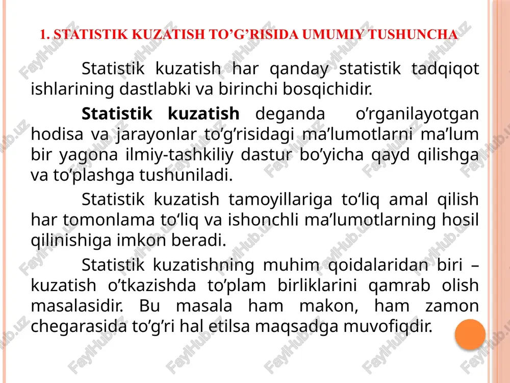 dora-lar(soliq, bojxona, nikohdan o’tkazish va x.k.) statis-tika organlariga o’z faoliyatlari haqida ma’lumot-larni pulsiz va so’ralgan vaqtda yetkazib berishga majburdirlar. boshlang’ich statistik ma’lumotlarni to’plash. ro’yxatdan o’tgan barcha tashkilot, korxona, tadbirkorlar topshiradigan statistik hisobotlar orqali to’planadi. statistik organlar to’plagan ma’lumot. statistika organlari uy xo’jaligini o’rganish uchun maxsus tanlab kuzatishlar o’tkazishadi, aholi ro’yxati va boshqa maxsus kuzatishlar yordamida to’plangan ma’lumot. statistik kuzatish tashkil etilishiga qarab: statistik hisobot va maxsus uyushtirilgan statistik kuzatishlarga bo’linadi. hisobot (buxgalteriya va statistik hisobotlarga bo’linadi) statistik kuzatishning asosiy shakli bo’lib, u barcha korxona va tashkilotlar faoliyati haqidagi boshlang’ich ma’lumotlarni to’plash uchun imkoniyat yaratadi. hisobot bilan bir qatorda statistikada maxus tashkil qilingan statistik kuzatishlar keng qo’llaniladi. maxsus tashkil qilingan statistik kuzatishlarga aholi ro’yxatini misol keltirishimiz mumkin. maxsus tashkil qilingan statistik kuzatishlarni voqea va hodisalarning sodir bo’lishini qayd qilish vaqtiga qarab uch turga-uzluksiz, fursatli va bir yo’la kuzatishga ajratish mumkin. uzluksiz kuzatish fursatli kuzatish bir yo’la kuzatish bu xodisalar ro’y be-rishi …