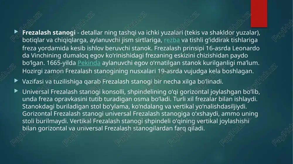 rezalash stanogi quyma, bolgʻalangan va shtamplangan zagotovkalarga torets frezalari bilan ishlov berish uchun xizmat kiladi. b a rabanli frezalash stanogi ayni paytda zagotovkaning ikki torets yuzasini frezalash, ariqchalar ochish uchun moʻljallangan. sanoatda dastur bilan boshqariluvchi turli frezalash stanogi lari qoʻllanadi. yogʻoch ishlash frezalash stanogida freza mahkamlanadigan aylanuvchi vertikal shpindel mavjud. undan zagotovkalarni kesib ishlashda foydalaniladi. oddiy, karusel (bir va ikki shpindelli) va andaza bilan ishlaydigan xillari bor. taglik, toymasin o'rindiq, ish stoli, ustun va bosh ustun kabi asosiy asosiy qismlar yuqori sifatli quyma temirdan yasalgan va quti shaklidagi tuzilishga ega. yilni va oqilona nosimmetrik qovurg'a tuzilishi asosiy qismlarning yuqori qattiqligi, egilishi va zarba assimilyatsiya qilish ko'rsatkichlarini ta'minlaydi; a turi ko'prikli ustun va ichki panjaraga o'xshash qovurg'alar z o'qi kuchli kesishning qattiqligi va aniqligini ta'minlaydi; taglik qismlari qatron qumi bilan mog'orlanadi va qarish jarayonidan o'tadi, bu esa mashinaning uzoq muddatli ishlashi barqarorligini kafolatlaydi. 2x, y, z-yo'nalish yo'riqnomalari tez tezlik, yuqori qattiqlik, …