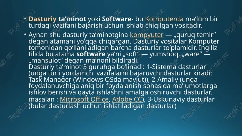 soblashlarni amalga oshiradi va ko'rsatmalarni bajaradi. xotira (ram): tasodifiy kirish xotirasi vaqtinchalik ma'lumotlarni saqlash uchun ishlatiladi, bu esa cpu tomonidan vazifalarni bajarishda tez kirish imkonini beradi. saqlash (hdd/ssd): qattiq disk drayvlar (hdd) va qattiq holatli drayvlar (ssd) uzoq muddatli ma'lumotlarni saqlaydi, operatsion tizimlar, dasturlar va fayllarni o'z ichiga oladi. ona platalari: cpu, xotira va boshqa muhim komponentlarni joylashtiruvchi asosiy sxema platasi, ular orasidagi aloqa imkonini beradi. kiritish/chiqish qurilmalari: bular klaviatura, sichqoncha, monitorlar va printerlarni o'z ichiga oladi, foydalanuvchilarga kompyuter bilan o'zaro aloqada bo'lish va natijalarni olish imkonini beradi. dasturiy komponentlar operatsion tizim (os): uskuna resurslarini boshqaruvchi va kompyuter dasturlari uchun umumiy xizmatlarni taqdim etuvchi dasturiy ta'minot. misollar: windows, macos, linux, android. ilovalar: foydalanuvchilar uchun aniq vazifalarni bajarish uchun mo'ljallangan dasturlar, masalan, matn protsessorlari, veb-brauzerlar va o'yinlar. draiverlar: operatsion tizimga uskunalar komponentlari bilan muloqot qilish imkonini beruvchi maxsus dasturiy ta'minot. yordamchi dasturlar: antivirüs dasturlari, diskni tozalash vositalari va zaxira dasturlari kabi …