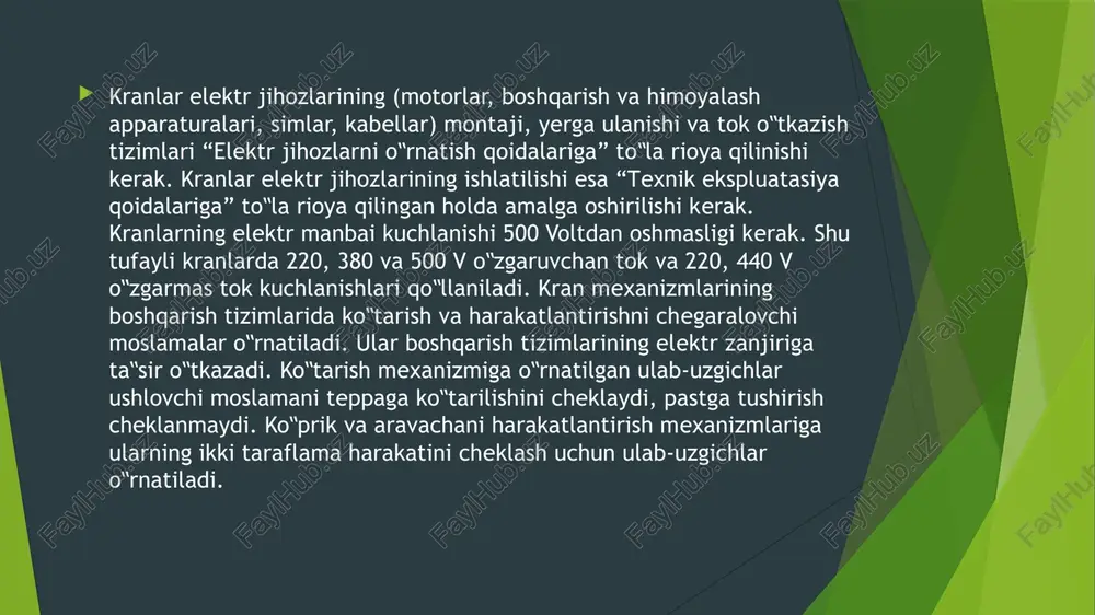 o‟zgarmas va o‟zgaruvchan tokli kran mexanizlari motorlarini boshqarish uchun qo‟llaniladi. magnit kontrollerli boshqarish tizimlari masofadan turib o‟zgarmas va o‟zgaruvchan tokli kran mexanizlari motorlarini boshqarish uchun qo‟llaniladi. yarim o‟tkazgichli tok, kuchlanish va chastota o‟zgartgichli boshqarish tizimlari tok, kuchlanish yoki chastotani o‟zgartirib kran mexanizlari motorlarini boshqarish uchun qo‟llaniladi. kran mexanizmlari uchun turli boshqarish tizimlari ishlab chiqilgan. quyidagi jadvalda ularning asosiy texnik ko‟rsatkichlari keltirilgan. kran yuritmalarida ko‟p qo‟llanaladigan sxemalaridan biri bu ko‟tarish mexanizmlarining magnit kontrollerli va asinxron motorli elektr yuritmasi. ko‟tarish holatida ishga tushirish va tezlikni boshqarish motorning faza rotori chulg‟ami zanjiriga ulangan qarshiliklarni o‟zgartirish orqali bajariladi. 4.1- rasmda kranlar mexanizmlarining magnit kontrollerli va asinxron motorli elektr yuritmasining sxemasi keltirilgan. magnit kontrollerning birinchi holatida minimal ishga tushirish momenti yordamida arqon taranglashtiriladi va sekin tezlikda yengil yuklar ko‟tariladi. ikkinchi holatda sekin tezlikda og‟ir yuklar ko‟tariladi. uchinchi va to‟rtinchi holatda motor tezligini oshirish bosqichlari amalga oshiriladi. bu ikki bosqich vaqt relelari kt1 va kt2 nazorati …