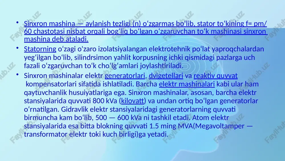 ozim. rotor tahlili rotor tizimi va uning induksiyalanuvchi kuchlar hamda momentlarini tavsiflovchi matematik ifodalar muhim. aloqador parametrlar stator va rotor parametrlari (induktivlik, qarshilik, inersiya, magnit oqimi va h.k.) bilan uzviy bog'liq. 7 elektromagnit tizimning matematik modeli 1 elektr tizim sinkron motorning elektr zanjiri va uning tenglamalari asosida ifodalangan matematik modeli. 2 mexanik tizim sinkron motorning aylanma harakat tenglamalari asosida yozilgan mexanik matematik modeli. 3 elektromagnit o'zaro ta'sir elektr va mexanik tizimlar o'rtasidagi o'zaro bog'liqlikni aks ettiradigan matematik modellar. 9 matematik modelni takomillashtirishga yondashuvlar 1 parametrlarni aniqlash matematik modelning aniqligini oshirishda fizik-kimyoviy tajribalar yoki boshqa usullar orqali motor parametrlarini chuqur o'rganish. 2 hisoblash samaradorligi matematik modelni yanada tezkor va qisqa vaqtda hisoblash imkonini beruvchi raqamli usullar va algoritmlarni qo'llash. 3 modelni tasdiqlab olish matematik model bilan tajribaviy ma'lumotlarni taqqoslash va ularning mos kelishini tekshirish. 4 avtomatlashtirish matematik modelni kompyuter dasturlarida avtomatlashtirib, loyihalash va ishni optimallashtirish jarayonlarini tezlashtirish. 10 matematik modellarning amaliy …