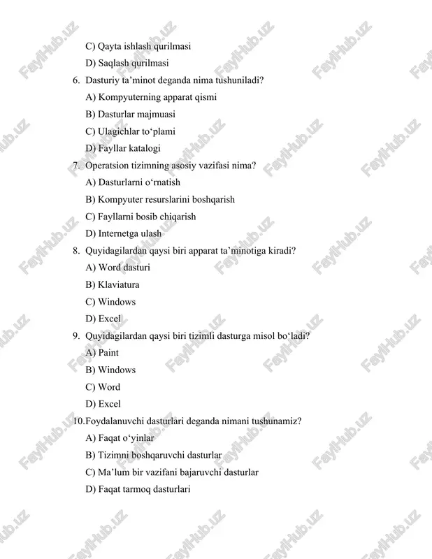 viatura c) qattiq disk d) printer 17. quyidagilardan qaysi biri tizim dasturlariga kirmaydi? a) windows b) linux c) word d) dos 18. kompyuterning ishlashi uchun zarur bo‘lgan dastur nima? a) o‘yin dasturi b) operatsion tizim c) antivir d) grafik dastur 19. “dasturiy interfeys” deganda nima tushuniladi? a) foydalanuvchi bilan kompyuter o‘rtasidagi aloqa b) kompyuterning tashqi xotirasi c) kompyuterning apparat qismi d) dastur fayllari 20. quyidagilardan qaysi biri dasturiy ta’minot turiga kiradi? a) klaviatura b) word dasturi c) protsessor d) printer javoblari: 1. b) protsessor 2. b) protsessor 3. b) ram 4. b) printer 5. a) kiritish qurilmasi 6. b) dasturlar majmuasi 7. b) kompyuter resurslarini boshqarish 8. b) klaviatura 9. b) windows 10. c) ma’lum bir vazifani bajaruvchi dasturlar 11. b) qattiq disk (hdd) 12. c) chiqish qurilmasi 13. c) protsessor 14. b) 3 ta (apparat, dasturiy, foydalanuvchi) 15. b) klaviatura 16. c) qattiq disk 17. c) word 18. b) …