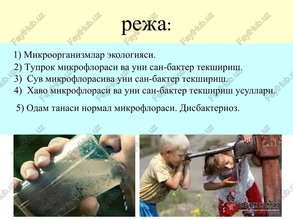 yaxshi almashinadi. nam tuproqda kislorod miqdori kam, shuning uchun bunday tuproqda ko'proq anaerob mikroorganizmlar bo'ladi. 1 gr tuproqda bir necha milliardgacha mikroorganizmlar bo'lishi mumkin. eng ko'p mikroorganizmlar qora tuproqli va haydalib ekin ekiladigan erlar tuprog'ida uchraydi (1 gr da 4,5–5,0 mlrd.), kamroq o'rmon tuprog'i va qumlarda (1 gr da 1–2 mlrd.) bo'ladi. bir gektar erdagi mikroorganizmlarning tirik og'irligi 1 t bo'lishi mumkin. tuproq mikroflorasi tuproqdagi mikroorganizmlar miqdori yilning fasliga ham bog'liq bo'lib, bahorda ular soni ko'payib borib, yozda eng yuqori darajaga etadi. yozning eng issiq davrida birmuncha kamayadi, buning asosiy sababi tik tushayotgan quyosh nurlarining bakteriotsid ta'siridir. kuzda mikroorganizmlar miqdori tuproqda yana oshib boradi, qishda esa sovuq harorat hisobiga kamayadi. viola yedonsis tuproqqa suvdan, havodan, hayvonlar chikindisidan va o'simliklardan, shuningdek, sanoat korxonalaridan chiqadigan oqova suvlardan ko'plab patogen, shartli patogen mikroorganizmlar tushadi. odam uchun patogen bakteriyalarning tuproqda saqlanishi va yashashi tuproqning turiga, o'z-o'zini tozalash hususiyatiga, ayniqsa mikroorganizmlarning turiga bog'liq. bakteriyalar tuprokdagi …