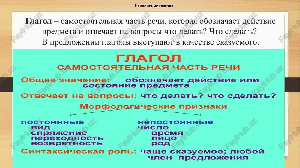 li xolodnie dojdi, i leto uje konchilos. pokazatelem proshedshego vremeni v glagolax yavlyaetsya suffiks – l; budushee vremya - ukazivaet, chto deystvie sovershitsya do momenta rechi, naprimer: uedu v derevnyu i budu vstrechat tam rassvet. nastoyashee proshedshee budushee prostoe sostavnoe govoryu govorish govorit govorim govorite govoryat govoril govoril govoril govorili govorili govorili pogovoryu pogovorish pogovorit pogovorim pogovorite pogovorili budu govorit budesh govorit budut govorit budem govorit budete govorit budut govorit uprajnenie 1. vmesto tochek vstavte glagol «chitat» v nujnoy forme. ya ... roman. ti ... jurnal. ona ... gazetu. on ... pismo. mi ... rasskaz. vi ... uprajnenie. oni ... tekst. uprajnenie 2. otvette na voprosi po obraztsu. obrazets: viktor rabotaet? (otdixaet). net, on ne rabotaet. on otdixaet. ya dumayu, chto viktor ne rabotaet, a otdixaet. 1.daniyar chitaet? (obedaet). 2.ona rabotaet? (uchitsya). z. on otdixaet? (rabotaet). 4.on povtoryaet tekst? (slushaet muziku). uprajnenie 3. dayte otritsatelnie otveti na voprosi. 1.on slushaet …