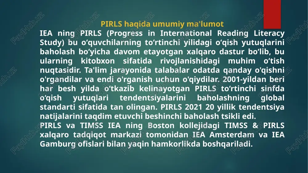 shlanmalarini o'qishni davom ettirish uchun har bir tsikl bilan yangilandi. bu pirlsning o'qitish amaliyoti va siyosati uchun dolzarbligi va ahamiyatini saqlab qoladi. biroq, pirls - bu tendentsiyani o'rganish va ramkaning asosiy tashkiloti tsikllar bo'ylab izchil bo'lib qoldi. ushbu tizim o'qishning ikkita asosiy maqsadi atrofida tashkil etilgan: adabiy tajriba uchun o'qish va ma'lumot olish va undan foydalanish uchun o'qish. ramka shuningdek, to'rtta kesishgan o'qishni tushunish jarayonini o'z ichiga oladi: aniq bayon qilingan ma'lumotlarga e'tibor qaratish va olish, to'g'ridan-to'g'ri xulosalar qilish, g'oyalar va ma'lumotlarni sharhlash va birlashtirish, mazmun va matn elementlarini baholash va tanqid qilish. pirls 2021 da guruhga moslashtirilgan dizaynni amalga oshirish pirls 2021 guruhining moslashtirilgan dizayni mamlakatlar boʻylab baholash qiyinligi va oʻquvchilarning oʻqish yutuqlari darajasi oʻrtasida yaxshiroq moslashish orqali yaxshiroq oʻlchash imkonini beradi. guruhga moslashtirilgan dizayn ikkita qiyinchilik darajasidagi bukletlarga birlashtirilgan uchta qiyinchilik darajasidagi matnlar va elementlarga asoslangan ( pirls 2021 assessment frameworks 3-bobiga qarang ). murakkabroq bukletlar qiyin va …