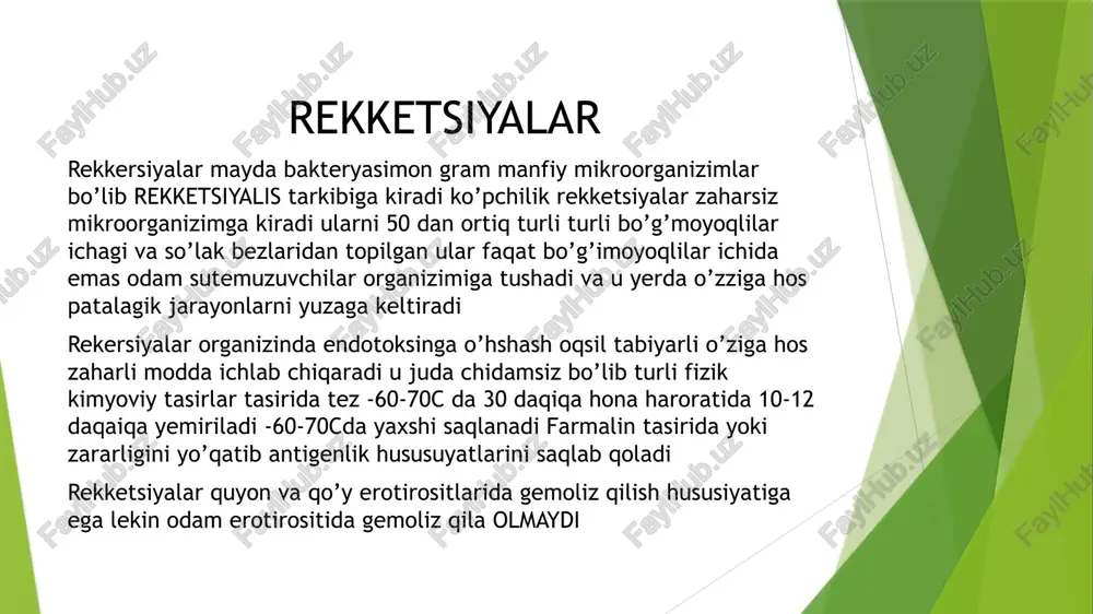 o’lchami 02-40 mkm keladigan elektro’mn mikrosko’pga ko’rilganda rekketsiyalar hujayara devori va sitoplazmatik menbrana borligi aniqlangan spora hosil qilmaydi o’sishi; rekketsiyalar asosan fizialagik tasnifi ularni hujayrasiz muhitlarda va o’lgan to’qimalarda ko’paya olmasligidadir ular zararlangan hujayralarning yadrosida emas sitoplazmasida ko’payadi labaratotiya sharoitida ular zararlangan bitlar medasida zararlangan kemuruvchilar ayniqsa oq sichqon o’pkasida tovuq embtioning sariqlik haltasida yaxshi ko’payadi nafas olishiga ko’ra ular aerob. gulitamin kislatani oson oksidlaydi to’ksin hosil qilishi; rekketsiyalar tanasi bilan bog’liq bo’gan mahsus zaharli moddalar ajrab chiqadi ular organizimga haqiqiy zaharlar (ekzoto’kislarga o’hshash netrolovchi antitellolar hosil qiladi rekersiyalar toksinlari tashqi muhut omillari tasiriga juda sezgir bo’lib 60c da faolligi yo’qoladi reketsiyalar zaharki hususiyatlardan tashqari o’zida tipik mikroorganizim bilan bog’liq bo’lgan va emlashdan so’ng organizimda netrollovchi antitellolar hosil qiladi gemolagik faollikka ega modda saqlaydi hayvonlar uchun patakenezi reketsiyalar labaratoriya hayvonlarifdan maymun dengiz cho’chqalari oq sichqonlar moil oq sichqonlar zararlanganda zotiljam rivojlanadi dengiz cho’chqalarida qorin bo’shlig’iga yuborilganda reketsiyalar ularning ichida ayniqsa …