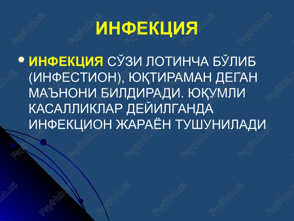 intomok) makroorganizm hisobiga yashab unga ziyon etkazadi. patogenlik va virulentlik patogenlik - mikroorganizmlarning makroorganizmda patologik protsessni chaqirish qobiliyatiga aytiladi virulentlik - patogenlikning yuqori darajasiga aytiladi patogenlik darajasi virulentlik deb ataladi, yani patogen bakteriyani kuchi , shuning uchun patogen bakteriyalar kuchli virulent bo'lishi mumkin (kasallik og'ir o'tadi.) kuchsiz virulent bo'lishi mumkin, ba'zida avirulent formalari ham uchrab turadi. virulentlik ko'rsatgichini o'lchash quyidagicha bo'ladi. ldm-eng kam miqdorda mikroblar 95% eksperimentdagi laboratoriya hayvonini o'ldiradi. ld50-50% tekshirilayotgan laboratoriya hayvonini o'ldirish uchun sarflangan mikrob miqdori bilan o'lchanadi. patogenlik faktorlari toksinlar - ekzotoksinlar va endotoksinlar agressiv fermentlar: plazmakoagulaza, letsitinaza, gialuronidaza, fibrinolizin neyroaminidaza va b. kapsula kiprikchalar virulentlik faktorlari adgeziya - yopishishi (xivchinlariga, kiprikchalariga, vorsinkalariga va makroorganizm xujayrasidagi retseptorlariga bog'lik bo'ladi) kolonizatsiya – ko'payishi (xujayra ichida yoki xujayra tashqarisida) invazivlik – to'kima ichiga kirishi (gialuronidaza , neyrominidaza) fagotsitozni susaytirish – (plazmokoagulaza, kapsula polipeptidi) . adgeziya va kolonizatsiya xususiyati. patogen mikroorganizmlar evolyutsion jarayonida ma'lum organlarda yashashga moslashgan bo'lib, shu …