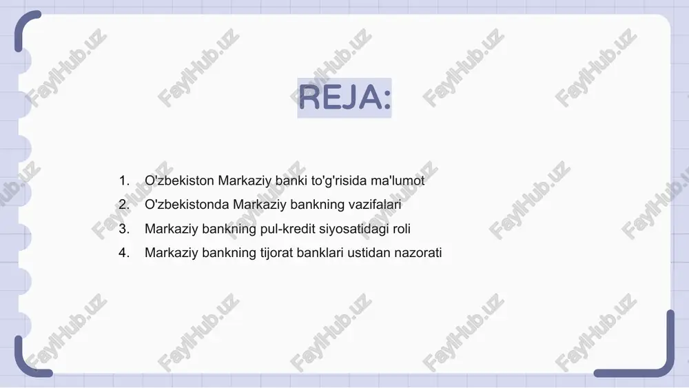 kiston markaziy banki narxlar barqarorligi va barqaror iqtisodiy o‘sishni ta’minlash maqsadida pul-kredit siyosatini shakllantirish va amalga oshirishda hal qiluvchi rol o‘ynaydi. u mamlakat moliya tizimini tartibga soladi, milliy valyutani muomalaga chiqaradi va boshqaradi, moliyaviy barqarorlik va yaxlitlikni saqlash uchun bank sektorini nazorat qiladi. foiz stavkalari, majburiy rezervlar va ochiq bozor operatsiyalari kabi pul-kredit siyosati vositalari orqali markaziy bank inflyatsiya, valyuta kurslari va iqtisodiy tsikllarni samarali boshqaradi. markaziy bankning tijorat banklari ustidan nazorati markaziy bank mamlakatning pul-kredit siyosatini tartibga solish va valyutani boshqarishda hal qiluvchi rol o'ynaydi. o‘zbekistonda markaziy bank moliyaviy barqarorlikni ta’minlash va iste’molchilar huquqlarini himoya qilish maqsadida tijorat banklari faoliyati ustidan nazoratni amalga oshiradi. markaziy bankning asosiy vazifalaridan biri iqtisodiy maqsadlarga erishish uchun foiz stavkalarini belgilash va pul massasini nazorat qilishdir. shuningdek, tijorat banklari faoliyatining xavfli xatti-harakatlarining oldini olish va barqaror moliyaviy tizimni ta’minlash maqsadida monitoring va nazoratni amalga oshiradi. markaziy bank tijorat banklari ustidan nazoratni amalga oshirish orqali …