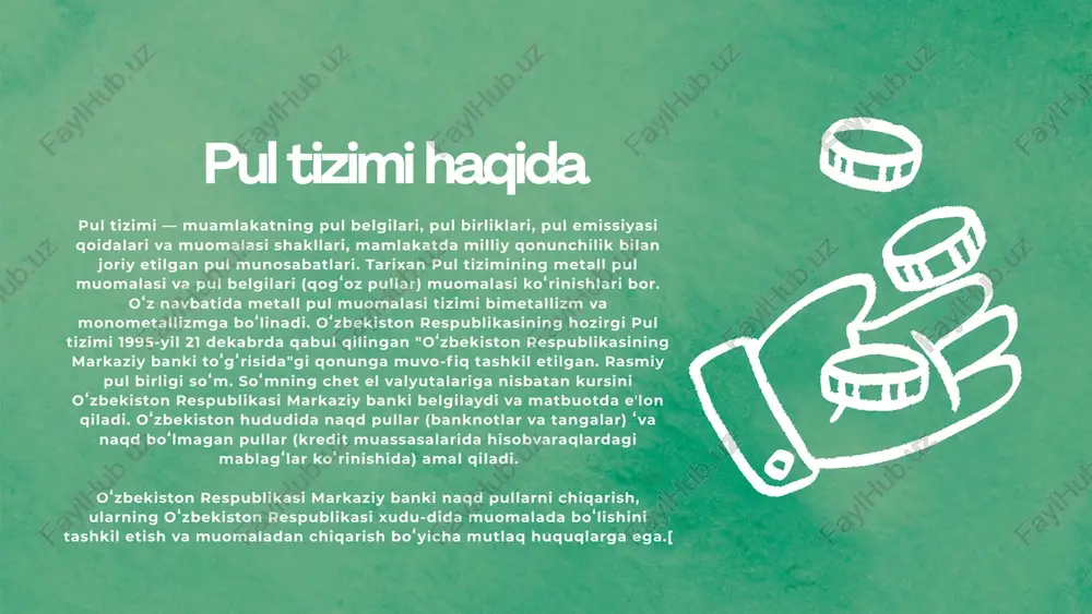 jallangan so’m-kuppon nusxalari tayyorlandi va 1993-yil 1-noyabrdan o’zbekistonda som-kupon muomalaga kiritildi. o’zbekiston respublikasi prezidentining “o’zbekiston respublikasining milliy valutasini mumalaga kiritish to’g’risida”gi farmoniga muvofiq 1994-yil 1-iyulidan boshlab respublika hududida yagona , cheklanmagan va qonuniy to’lov vositasi sifatida milliy valuta - so’m muomalaga chiqarilgan 1994 1,3,5,10,25,50,100 so’mlik banknotlar chiqarildi 1997 2000 200 so’mlik banknot 500 so’mlik 2001 1000 so’mlik so’m ko’rinishi. o‘zbekiston respublikasi vazirlar mahkamasining “o‘zbekiston respublikasi hududida parallel to‘lov vositasi sifatida “so‘m-kuponlar”ni muomalaga kiritish to‘g‘risida”gi 1993 yil 12 noyabrdagi №550-sonli qaroriga ko‘ra, ichki bozorni ortiqcha rubl massasidan himoyalash, aholiga pul mablag‘larini to‘lashni o‘z vaqtida ta’minlash maqsadida 1961–1992 yillarda amalda bo‘lgan sovet rubliga 1:1 nisbatda 1993 yil 15 noyabrdan boshlab muomalaga kiritiladi. 1, 3, 5, 10, 25, 50, 100, 200, 500, 1000, 5000, 10000 so‘mlik pullarning barchasining old qismida o‘zbekiston gerbi va pul nominali, orqa qismida esa samarqanddagi registon maydonida joylashgan sherdor madrasasining surati tushirilgan edi. 1, 3, 5, 10, 25 so‘mlik …