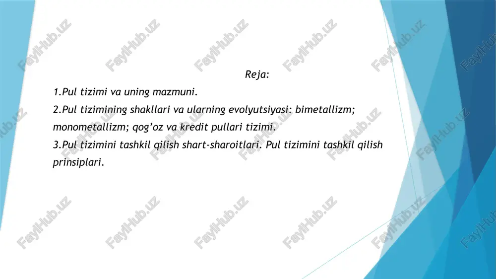 shbu tamoyili mamlakatni ma’muriy – taqsimlash modeliga xos bo’lib, bu jarayonda barcha pul munosabatlari tegishli ko’rsatma va reja asosida amalga oshiriladi. mamlakatda faoliyat yuritadigan barcha banklar va ularning filiallari davlat ixtiyorida va nazorati ostida faoliyat yuritadi. muomalada pul massasini tartibga solish tegishli reja va derektiv ko’rsatmalar orqali bajariladi. pul tizimini talab va taklif asosida tartibga solish tamoyili. pul tizimini tashkil etishning ushbu tamoyilida asosiy e’tibor milliy valyutaning sotib olishqobiliyatini mustahkamligi va inflyatsiya darajasining normal me’yoriga qaratiladi. pul tizimi — muamlakatning pul belgilari, pul birliklari, pul emissiyasi qoidalari va muomalasi shakllari, mamlakatda milliy qonunchilik bilan joriy etilgan pul munosabatlari. tarixan pul tizimining metall pul muomalasi va pul belgilari (qogʻoz pullar) muomalasi koʻrinishlari bor. oʻz navbatida metall pul muomalasi tizimi bimetallizm va monometallizmga boʻlinadi. oʻzbekiston respublikasining hozirgi pul tizimi 1995-yil 21 dekabrda qabul qilingan "oʻzbekiston respublikasining markaziy banki toʻgʻrisida"gi qonunga muvo-fiq tashkil etilgan. rasmiy pul birligi soʻm. soʻmning chet el valyutalariga nisbatan …