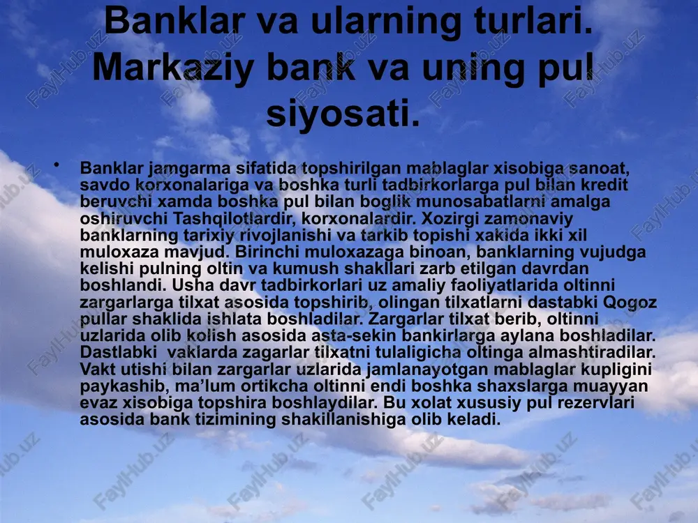 dga keldi. o’zbekistonning bank tizimi ikki pogonadan iborat: o’zbekistonning bank tizimi ikki pogonadan iborat: birinchi pogona - markaziy bank ; ikkinchi pogona - tijorat, xususiy, sanoat va boshka banklar. o’zbekistonda xozirgi sharoitda 32ta tijorat banklar, 3ta shaxsiy (xususiy) bank, agro bank, paxta bank, sanoat-kurilish banki, savdogarbank va boshka turdagi banklar faoliyat kursatmokdalar. shuningdek, chet el banklarining vakopatxonalari ishlamokda. iqtisodiyotning eng muxim masalalaridan biri - bu pul muomalasidir. pul muomalasi - pulning tuxtovsiz xarakati bulib, tovarlar va xizmatlar doiraviy aylanishiga xizmat kiluvchi muomala vositasi va tulov vazifasini bajarishidir. pul uzining tulovga kobillik darajasiga kura tubandagi shakllardagi pul mablaglaridan iborat: maxsus tashqilotlardagi jamgarmalar, (jamgarish) investitsiyaning maxsus kurinishlari omonat va tez fursatda kaytib olish kuzda tutilgan jamgarmalar ; banknotlar, muomaladagi tangalar, joriy xisoblardagi pul mablaglari ; obrazets teksta vtoroy uroven tretiy uroven chetvertiy uroven pyatiy uroven bank krediti - ob’ekti pul kapitalidir. bank krediti uzining muddati, maksadli berilishi va boshka koida-imtiyozlari asosida tijorat …
