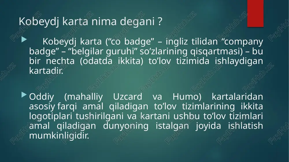 cha qo‘shimcha komissiya to‘lashga va vaqt sarflashga hojat qolmaydi ; kobeyjing kartalari: qanday ishlaydi va o‘ziga xosligi nimada? ushbu turdagi bank kartalari 2 ta an'anaviy bank kartalarining o‘rnini bosadi va shu bilan yanada tezkor, tejamkor va qulay moliyaviy vosita hisoblanadi ; xaridlar va to‘lovlarni amalga oshirishda karta egasi har safar to‘lov tizimini tanlashiga hojat yo‘q, tizim avtomatik ravishda ulangan to‘lov tizimlaridan qaysi biri qulay ekanligini tanlaydi ; shuningdek, karta egasi ma'lum bir operatsiya uchun komissiya to‘lovlari arzon bo‘lgan to‘lov tizimini o‘zi tanlashi ham mumkin; kobeyjing kartalari: qanday ishlaydi va o‘ziga xosligi nimada? kobeydjing kartalaridan nafaqat pos-terminallar, balki dunyo bo‘ylab onlayn do‘konlar orqali xaridlar qilish uchun mamlakat hududida va chet elda birdek foydalanish imkoniyati mavjud; ushbu kartalar chet el valyutasida to‘lovlar amalga oshirilganda bir zumda so‘mdagi mablag‘larni avtomatik tarzda konvertasiya qilish imkonini beradi; kobeydjing kartalarida zamonaviy texnologiyalar mavjud (nfc yordamida kontaktsiz to‘lov usuli, bir necha darajali himoya tizimi va b.). kobeyjing …