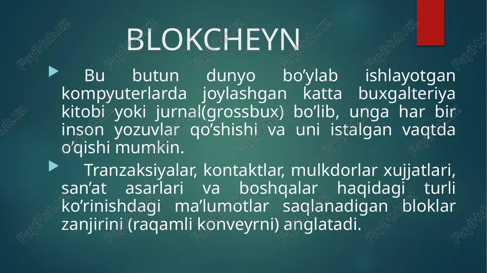 1 million bitcoin qoladi. qancha bitkoin yo’qoladi ? taxminlarga ko’ra 3-4 million bitkoinlar abadiy yo’qolishi aytilmoqda. buning sababi tanga egalari o’zlarining parollarini unutganlari, apparat hamyonlarini noto’g’ri joylashtirishlari va boshqalar. bitkoinni yaratish uchun har yili 143,5 terawatt soat elektr energiyasi iste’mol qilinadi. bitkoin adres bu- ma’lumot almashish uchun ishlatiladigan amerika standart kodi formatida ifodalangan standart. bu kodlashtirish tizimida 58 ta alfavit raqamli simvollar mavjud. ular raqamlar, kata va kichik xarflardan iborat. ilk bor yaratilgan adres quyidagicha bo’lgan: 1a1zp1ep5qgefi2dmptftl5slmv7divfna mining bu valyutadagi operatsiyalarni tekshiradigan o’ta murakkab matematik muammolarni hal qilish orqali yangi bitkoinlarni yaratish jarayoni. bitkoin muvaffaqiyatli mining qilinsa, miner oldindan belgilangan miqdorda bitkoin oladi. asosan 3 xil uslubda mining qilinadi. 1. kompyuterning cpu sidan foydalanib. 2. gpu sidan foydalanib 3. alohida mining uchun ishlab chiqarilayotgan asic lardan foydalanib gpu mining algoritmiga misollar: asic mining- bu mining uchun alohida ishlab chiqariladigan qurilmalar yordamida bloklarni xeshlash image6.jpg image7.emf image8.jpg image9.emf image10.jpg image11.jpg image12.jpg …