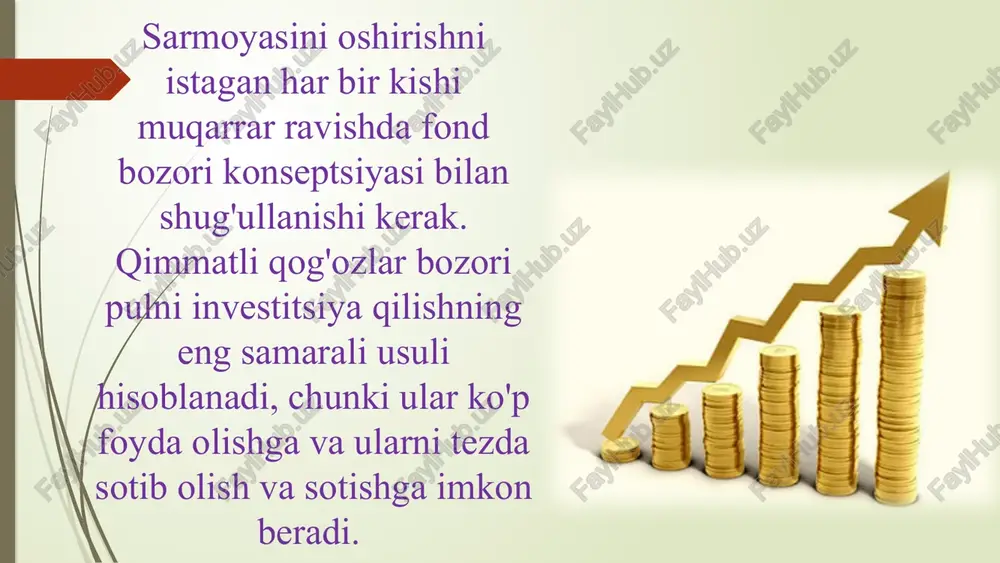 sarmoyasini jalb qilish vositasihamdir. masalan, agar o’zbekiston bozorida yangi va istiqbolli kompaniya paydo bo'lsa, uni rivojlantirish uchun xorijiy investorlarning pullarini jalb qilishi mumkin, u esa yana o’zbekiston bozoridan foydalanadi. shunday qilib, bu nafaqat xorijiy kapitalni jalb qilgan kompaniya uchun, balki o’zbekiston aholisi uchun ham foydali bo'ladi, chunki yangi ish o`rinlari yaratiladi. bu esa kompaniya ishlayotgan mamlakat yoki mintaqaning byudjetiga foyda keltiradi, yangi sanoat tarmoqlari ham vujudga kelishi ham mumkin. tarixan, bank yoki bank bo'lmagan xususiyatiga qarab, qimmatli qog’ozlar bozorining uchta shartli modeli mavjud. bank bo’lmagan model (aqsh) qimmatli qog'ozlar bilan faoliyat ko’rsatuvchi kompaniyalar vositachi vazifasini bajaradilar. bank modeli (germaniya) banklar vositachilik vazifasini bajaradila. aralash model (yaponiya) vositachilar ham banklar, ham qimmatli qog'ozlar bilan faoliyat ko’rsatuvchi kompaniyalar vositachi vazifasini bajaradilar. amerikaning bank bo'lmagan modeli ushbu bozor modelining o'ziga xos xususiyati aksiyalarga xususiy investitsiyalarning faol oqimi va yakka kapitalning qismlarga bo'linishi hisoblanadi. natijada, qarz majburiyatlari bo'yicha fond bozori ustunlik qiladi. aksiyalarning asosiy …