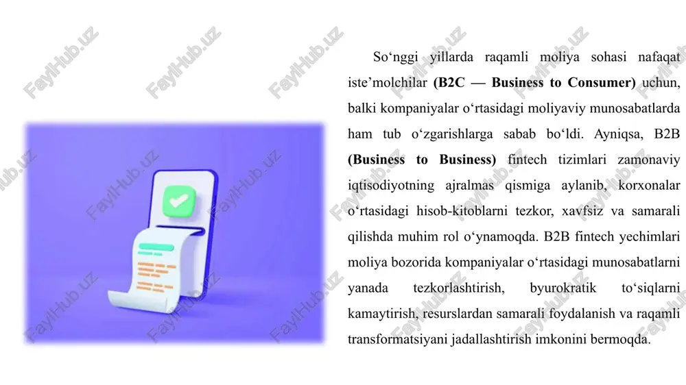 b-kitoblar ko‘pincha murakkab va sekin kechadi. biroq fintech platformalari bu jarayonni tezkorlashtirib, real vaqt rejimida valyuta konversiyasini amalga oshirish, xalqaro to‘lovlarni qisqa muddatda bajarish va hujjatlarni elektron shaklda muvofiqlashtirish imkoniyatini beradi. masalan, xalqaro eksport-import bilan shug‘ullanuvchi kompaniyalar uchun bu juda katta afzallikdir. yana bir muhim xususiyat – moslashuvchanlik va innovatsion xizmatlar. b2b fintech yechimlari turli biznes-modellarga moslashtirilishi, kichik biznesdan tortib, yirik korporatsiyalargacha bo‘lgan korxonalar ehtiyojini qondirishi mumkin. masalan, kichik biznes uchun tezkor kreditlash yoki likvidlikni ta’minlash xizmatlari, yirik korporatsiyalar uchun esa murakkab risklarni boshqarish va xalqaro moliyaviy monitoring tizimlari taklif etiladi. o‘zbekiston misolida ham b2b fintech tizimlari tobora ommalashib bormoqda. xususan, milliy to‘lov tizimi, banklararo elektron hisob-kitob platformalari, elektron invois va e-imzo tizimlari korxonalar o‘rtasidagi moliyaviy jarayonlarni soddalashtirmoqda. shuningdek, to‘lov tizimlari operatorlari – payme business, click business kabi xizmatlar tadbirkorlarga tezkor va xavfsiz hisob-kitob imkoniyatlarini yaratmoqda. 5.1. b2b fintech xususiyatlari xususiyat mazmuni amaliy afzallik tezkorlik va samaradorlik to‘lovlar va hisob-kitoblar …