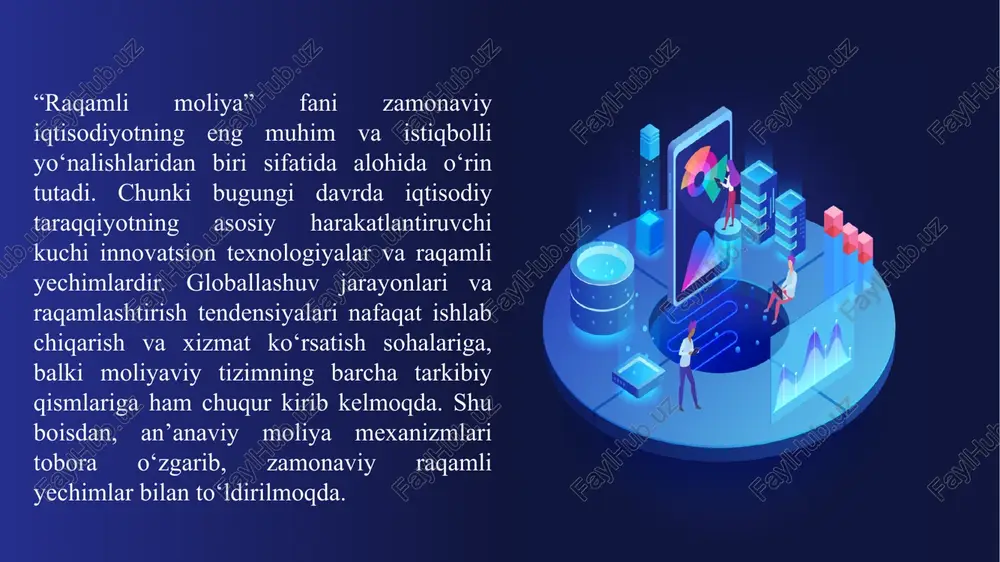kllanayotgan moliyaviy ekotizim tashkil etadi. elektron to‘lov tizimlari, mobil banking, fintech xizmatlari 1.1. “raqamli moliya” fani predmeti, maqsadi va vazifalari. “raqamli moliya” fani predmeti sifatida raqamli moliya jarayonlari – ya’ni boshqacha qilib aytganda, fan predmetini raqamli texnologiyalar asosida shakllanayotgan moliyaviy ekotizim tashkil etadi. moliyaviy operatsiyalarni raqamlashtirish moliya bozorlarida elektron vositalardan foydalanish kriptovalyutalar va blokcheyn texnologiyasi sun’iy intellekt asosidagi moliyaviy yechimlar katta ma’lumotlar (big data)dan foydalanish davlatning raqamli moliya siyosati maqsadning yana bir muhim tomoni shundaki, u talabalarda global moliya bozorlarida yuz berayotgan o‘zgarishlarni tushunish, zamonaviy fintech xizmatlarini tahlil qilish, yangi iqtisodiy imkoniyatlardan oqilona foydalanish hamda raqamli moliya sohasida raqobatbardosh mutaxassis sifatida shakllanish imkonini yaratadi. fanning maqsadi talabalarni moliya tizimida kechayotgan raqamli o‘zgarishlarning nazariy va amaliy asoslari bilan tanishtirish ulardan samarali foydalanish ko‘nikmalarini shakllantirish yangi iqtisodiy sharoitlarda moliyaviy xavfsizlikni ta’minlash va innovatsion jarayonlarga moslashish qobiliyatini oshirish fanning asosiy vazifalari bundan tashqari, fan quyidagi vazifalarni ham o‘z ichiga oladi: moliyaviy innovatsiyalarni joriy …