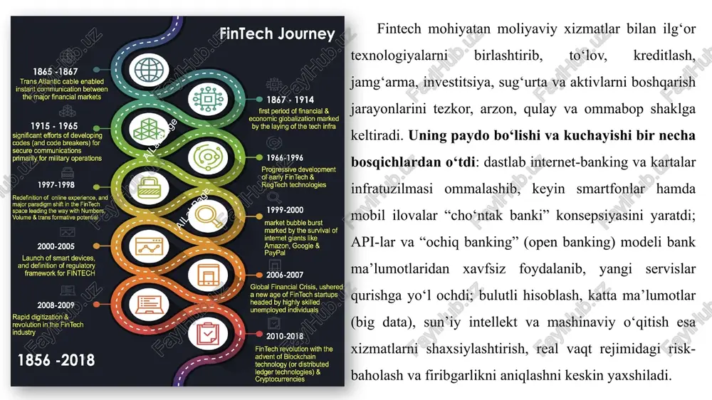 qilish (real vaqt scoring, transaksion analitika, xatti-harakatlarga mos narxlash) ekotizimda ishtirokchilar doirasi keng an’anaviy banklar to‘lov tizimlari startaplar telekom operatorlari bigtech platformalari regulyatorlar va infratuzilma provayderlari ularning o‘zaro munosabatlari “raqobat–hamkorlik” (coopetition) ko‘rinishida regulyatorlar esa innovatsiya va iste’molchini himoya qilish o‘rtasida muvozanatni saqlash uchun “sandbox”, ochiq standartlar va ma’lumotlarni himoya qilish qoidalarini joriy etadi startaplar esa banklarning litsenziya va balans ustunligidan foydalanadi banklar api orqali startaplar bilan integratsiyalashar muammolari: kiberxavfsizlik va maxfiylik algoritmik adolatlilik iste’molchini himoya qilish tartibga solish arbitraji tizimli xatarlar 4.1. fintechning o‘sishi va fintech inqilobining harakatlantiruvchi kuchlari fintechning o‘sishi moliyaviy xizmatlarning raqamlashtirilishi, yangi biznes modellarining paydo bo‘lishi, aholining moliyaviy inklyuziyaga bo‘lgan talabi va davlatlarning innovatsiyalarni qo‘llab-quvvatlashi natijasida yuz bermoqda. avvalo, texnologik rivojlanish fintechning asosiy drayveri hisoblanadi. internet, mobil aloqa, bulutli texnologiyalar, katta ma’lumotlar (big data), sun’iy intellekt, blokcheyn va api-lar (application programming interface) moliyaviy xizmatlarni tezkor, qulay va global miqyosda ommalashgan holda taqdim etish imkonini berdi. ikkinchidan, aholining …