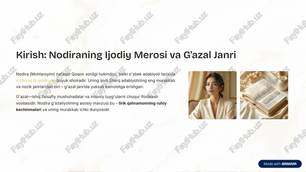 axsh etadi. https://gamma.app/?utm_source=made-with-gamma oshiq obrazi: ishq, hijron va ma'rifat izlovchi ruh nodira g'azallaridagi oshiq timsoli faqatgina sevgi iztiroblarini tortuvchi emas, balki ma'naviy yuksalish yo'lida turgan shaxsdir. cheksiz ishq lirik qahramonning sevgisi oddiy hirs emas, balki ma'shuqasiga bo'lgan samimiy va sadoqatli bog'lanishdir. hijron iztiroblari ma'shuqadan ayriliq 3 bu faqat alam emas, balki qahramonning o'zligini anglash va ma'rifatga intilish jarayonining katalizatoridir. ma'naviy qidiruv oshiq obrazi doimo haqiqatni, o'zining ruhiy poklanish yo'lini izlaydi. ishq uning uchun bu yo'ldagi oliy maqsad. nodira bu obrazga o'zining shaxsiy tajribalari va hukmdorlik davridagi ruhiy murakkabliklarini singdirgan. https://gamma.app/?utm_source=made-with-gamma ma'shuqa obrazi: go'zallik, vasl va ilohiy timsol timsolning ko'p qirraliligi ma'shuqa obrazi nodira g'azallarida murakkab va ikki qirrali ma'noga ega: dunyoviy go'zallik: jismoniy go'zallikning yuksak darajada tarannumi (zulf, lab, qad). ilohiy nur: ma'shuqa orqali xudoga, oliy haqiqatga erishish istagi (tasavvufdagi majnun va layli timsolining aksi). vaslning qimmati: u bilan uchrashuv nafaqat jismoniy yaqinlik, balki ruhiy yuksaklik va to'liq anglash holatidir. …