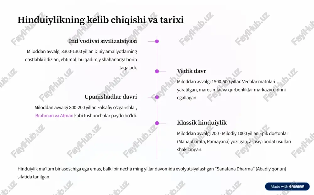 brahman va atman tushunchalariga chuqur nazar tashlaydi. smriti (eslab qolingan) itihasalar (epikalar): ramayana va mahabharata kabi buyuk dostonlar. ular dharma (to'g'ri xatti-harakat) va axloqiy qoidalarni hikoyalar orqali o'rgatadi. bhagavad gita: mahabharataning bir qismi bo'lib, u krishna va arjun o'rtasidagi dialog orqali karma, bhakti va jnana (bilim) yogalarini tushuntiradi. ko'pchilik hindular uchun eng muhim matn. puranalar: xudolar, ma'budalar va koinot yaratilishi haqidagi hikoyalarni o'z ichiga olgan keng qamrovli to'plamlar. https://gamma.app/?utm_source=made-with-gamma xudolar va ma'budalar: trimurti hindu panteoni juda boy bo'lsa-da, koinotning asosiy uchta funksiyasini ifodalovchi uchlik - trimurti markaziy ahamiyatga ega. brahma: yaratuvchi koinotning yaratilishidan mas'ul. ko'pincha to'rtta yuz bilan tasvirlanadi. (eng kam ibodat qilinadigan xudo). vishnu: saqlovchi koinotda tartib va muvozanatni saqlash vazifasini bajaradi. yerga avatarlar (masalan, krishna va rama) shaklida tushadi. shiva: buzuvchi va o'zgartiruvchi koinotni siklik ravishda buzish va qayta yaratish uchun javobgar. u meditatsiya, yoga va asketizmning himoyachisi. https://gamma.app/?utm_source=made-with-gamma ibadat amaliyotlari va marosimlar puja (ibodat) xudolarga hurmat bajo …