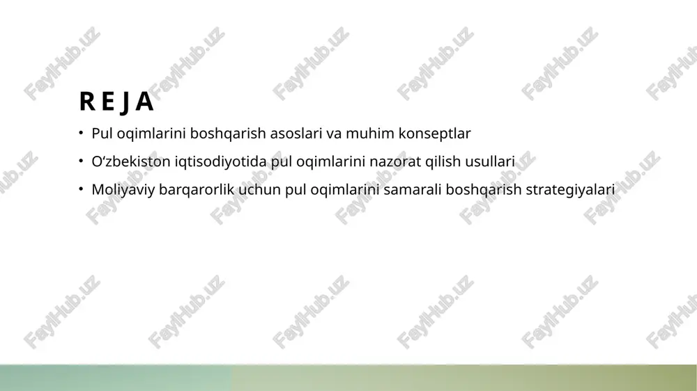 inflatsiya nazorat qilinadi. 2 valyuta kurslari va inflatsiya - o‘zbekiston sharoitida pul oqimlarini samarali boshqarish valyuta kurslari va inflatsiyani stabilizatsiya qilishga yordam beradi, iqtisodiy xavfsizlikni mustahkamlaydi. 3 raqamli texnologiyalar va moliyaviy barqarorlik - raqamli texnologiyalar yordamida pul oqimlarini nazorat qilish, tranzaktsiyalarni soddalashtiradi, shuningdek, moliyaviy barqarorlik va rivojlanishni ta’minlaydi. o‘zbekiston iqtisodiyotida pul oqimlarini nazorat qilishning asosiy usullari. bank va kredit siyosati o‘zbekiston banklari va kredit tashkilotlari pul oqimlarini nazorat qilishda monetar va kredit siyosatini muhim rol o‘ynaydi, inflatsiya va likvidlikni boshqaradi. valyuta kurslari va xalqaro hamkorlik valyuta kurslarining o‘zgarishi pul oqimlarini ta’sir qiladi, xalqaro savdo va investitsiyalarni boshqarish uchun valyuta va tashqi iqtisodiy aloqalar muhim. soliq va budget strategiyalari davlat byudjetining parametrlarini nazorat qilish va soliq siyosatini optimallashtirish orqali pul oqimlari tartibga solinadi, iqtisodiy barqarorlik ta’minlanadi. valyuta va bank muhitida pul oqimlarini boshqarish amaliyotlari. 1 valyuta kursi boshqaruvi valyuta kursining barqarorligini ta'minlash uchun markaziy banklar valyuta intervallari va valyuta intervensiyalaridan foydalanadi. …