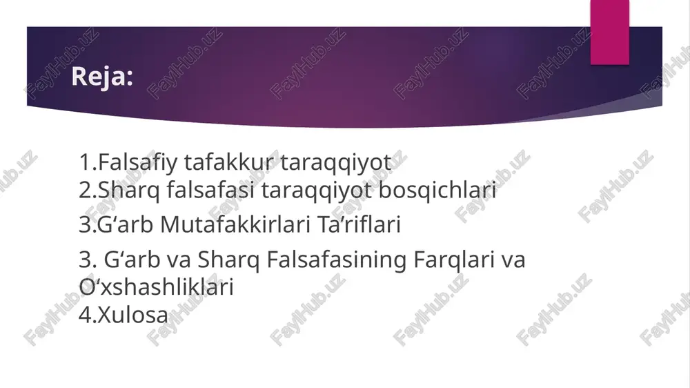 ligi: yaxshilik (ahura mazda) va yomonlik (angra manyu); axloqiy poklik, haqiqat va to‘g‘rilik muhim qadriyatlar sifatida ko‘rsatiladi. islomiy-sharq falsafasi islom dini ta’sirida viii–xii asrlarda musulmon sharqida yuksak ilm-fan va falsafa taraqqiy etdi. bu davrda quyidagi mashhur faylasuflar faoliyat yuritdi: al-farobiy – aristotel falsafasini davom ettirib, ideal jamiyat (fazilatli shahar) g‘oyasini ilgari surdi; ibn sino (avitsenna) – falsafa, tibbiyot, mantiq, metafizika va etika sohalarida yirik ilmiy meros qoldirdi; beruniy – tabiatshunoslik va falsafani uyg‘unlashtirdi; g‘azzoliy – tasavvuf va falsafiy skeptitsizm asoschisi; ibn rushd – aristotelizmni sharhlab, aql va din uyg‘unligini asoslab berdi. markaziy osiyo va movarounnahr falsafiy tafakkuri movarounnahr hududida yashagan faylasuflar: al-xorazmiy, ahmad farg‘oniy, abu nasr forobiy, ibn sino, abu rayhon beruniy – ilm-fan va falsafani uyg‘unlashtirgan; ulug‘bek – astronomik ilm-fan va tafakkurda katta iz qoldirgan; ahmad yassaviy, bahouddin naqshband – tasavvufiy tafakkur orqali inson kamoloti va axloqiy tarbiyani targ‘ib qilganlar. gʻarb mutafakkirlari ta'riflari - platon (mil. av. 427–347): falsafa …