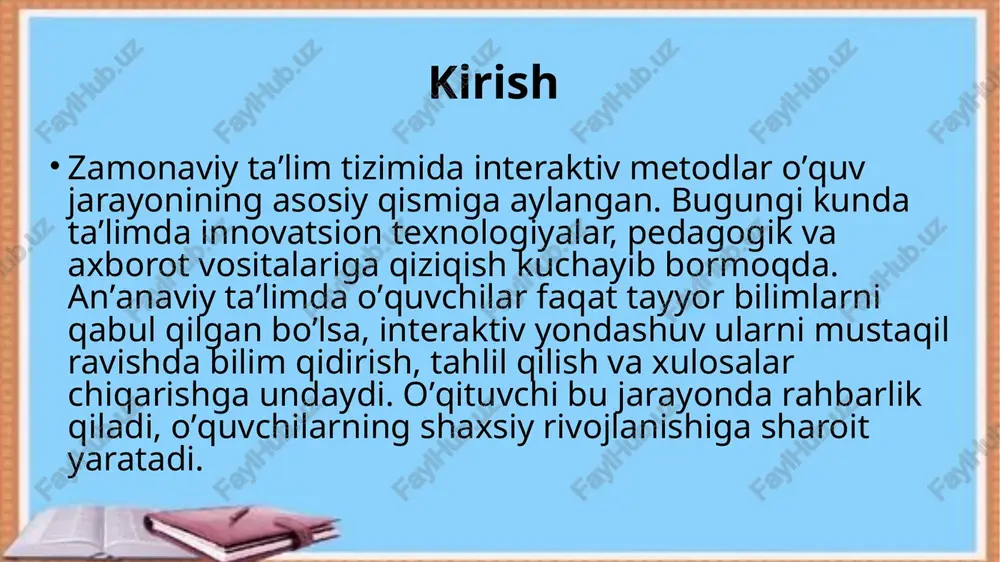 etgani uchun materialni yaxshiroq oʼzlashtiradi. misollar va qoʼllash usullari interaktiv metodlarni qoʼllashda darsni texnologik xarita asosida loyihalash muhim: mavzu, oʼquvchi ehtiyoji, maqsad, metod va vositalarni hisobga olish. qoʼllash usullari: - dars boshida savollar berib, oʼquvchilarning oldingi bilimlarini faollashtirish. - guruh ishlari: oʼquvchilarni kichik guruhlarga boʼlib, muammoni birgalikda hal qilishga undash. - oʼyinlar: nazariy materialni oʼyin orqali mustahkamlash, masalan, fizika darsida hodisalarni modellashtirish. misollar va qoʼllash usullari - laboratoriya ishlar: oʼquvchilar mustaqil eksperimentlar oʼtkazib, qonuniyatlarni tushunadi. - axborot texnologiyalari: kompyuterda simulyatsiyalar, filmlar va plakatlar orqali materialni koʼrgazmali qilish. - bahs-munozaralar: oʼquvchilar oʼz fikrlarini himoya qiladi, bu fikrlashni rivojlantiradi. misollar: fizika darsida frontal laboratoriya ishlar – oʼquvchilar guruhda eksperiment oʼtkazadi va xulosalar chiqaradi. boshlangʼich sinflarda oʼyinli topshiriqlar – bolalarni faollashtirish uchun. anʼanaviy darsdan farqli ravishda, vaqtning koʼp qismi mustaqil ish va muhokamalarga sarflanadi. qoʼllashda oʼqituvchi moderator, trener yoki fasilitator rolini bajaradi, oʼquvchilarning tayyorgarligini hisobga oladi. xulosa taʼlim jarayonida interaktiv metodlardan foydalanish zamonaviy …