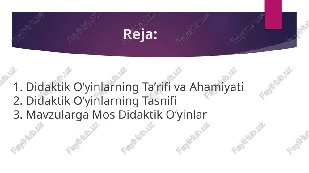 ik terminlar oʻrniga soʻz boyligini kengaytirish). - maqsad: nutqni boyitish, lugʻatni kengaytirish. - materiallar: hech qanday maxsus material talab etmaydi, faqat doira boʻlib oʻtirish. - tartib: bir oʻquvchi ona tili terminini aytadi (masalan, "sifat"), keyingisi oxirgi harf bilan boshlanadigan yangi termin aytadi ("tavsif"). oʻyin tugaguncha davom etadi. vaqt: 10 daqiqa. mavzularga mos didaktik oʻyinlar tabiatshunoslik va ekologiya mavzusi - oʻyin nomi: "yaxshi-yomon" (lulliy doiralar yordamida). - maqsad: tabiatdagi ijobiy va salbiy harakatlarni farqlash, ekologik ongni shakllantirish. - materiallar: ikki doira (biri holatlar bilan, ikkinchisi belgilarga toʻla), mil (koʻrsatkich). - tartib: 2-4 bola qatnashadi. doiralar aylantiriladi, mil toʻxtagan joydagi holatga (masalan, "chiqindi tashlash") mos belgi (yaxshi/yomon) tanlanadi. qolgan bolalar tasdiqlaydi. vaqt: 12 daqiqa. natija: bolalar nutqiy va ekologik bilimlarni birlashtirib, mustaqil fikrlashni oʻrganadilar. mavzularga mos didaktik oʻyinlar informatika va axborot texnologiyalari mavzusi - oʻyin nomi: "krossvord" (dasturlash terminlari boʻyicha). - maqsad: terminlarni mustahkamlash, mantiqiy bogʻlanishlarni oʻrgatish. - materiallar: krossvord jadvali, qalamlar. …