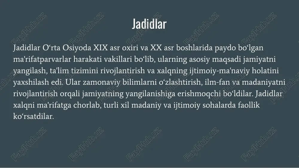 xalq orasida ma'rifatni targ‘ib qilishda teatr va san'atdan ham foydalandilar. ular sahnaga hayotiy voqealar asosida yaratilgan asarlarni qo‘yib, xalqning ijtimoiy muammolariga diqqat qaratdilar. bu orqali jamiyatda mavjud muammolarni ochiq muhokama qilishga imkon yaratildi. 6. milliy birlik va birdamlikka intilish: jadidlar turli millat va elat vakillarini birdamlikka chaqirar, ularni bir xalq sifatida shakllanishga undashardi. bu yo‘lda jadidlar milliy til, madaniyat va urf-odatlarni rivojlantirishga katta e'tibor qaratdilar. mashhur jadidlar va ularning faoliyati abdulla avloniy (1878–1934) o‘zbekistonning taniqli jadid ziyolisi, pedagog, yozuvchi, jurnalist va teatr arbobi bo‘lgan. u milliy ma'rifat va madaniyatni yuksaltirishda katta rol o‘ynagan, xalqni savodli qilish, yangicha ta’lim olish va milliy ruhni shakllantirish yo‘lida fidoyilik ko‘rsatgan. uning faoliyati va asarlari millatni ma'rifatga chorlab, ijtimoiy va madaniy o‘zgarishlar qilishga yo‘naltirilgan. avloniy faoliyatining asosiy yo‘nalishlari va asarlari 1. ta'lim va yangi maktablar tashkil etish: avloniy turkistonda birinchi jadid maktablaridan birini ochgan va yangi usuldagi ta'lim tizimini rivojlantirish uchun ko‘p mehnat qilgan. u …