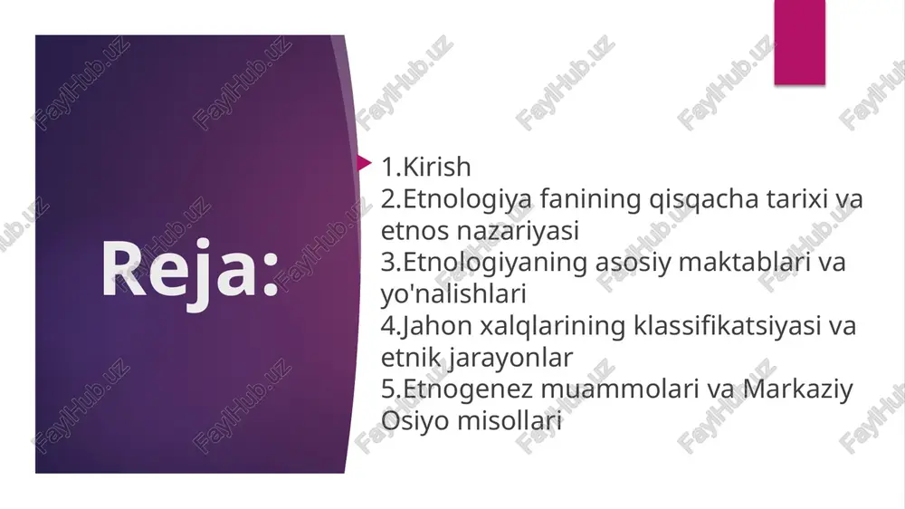 omil. nazariy muammo: etnos ta'rifi bo'yicha yakdillik yo'qligi, sho'ro davrida mafkuraviy cheklovlar, l.n. gumilev nazariyasining ustuvorligi. hozirgi muammo: etnik jarayonlarning murakkabligi va globalizatsiya ta'sirida milliy uyg'onish. (manba: jahon etnologiyasi asoslari, bet 9-22). etnologiyaning asosiy yo'nalishlari etnologiya maktablari orasida evolyutsionizm (teylor, spenser, morgan) insoniyat madaniyatining rivoj qonuniyatlarini o'rganadi, negiziy g'oya – barcha xalqlar bir xil rivojlanadi. neoevolyutsionizm va relyativizm (xerskovits, uayt) madaniyatni nisbiy va texnologik evolyutsiya sifatida ko'radi. strukturalizm (levi-stross) madaniyatni simvollar tizimi deb hisoblaydi, pritchard esa tarixiy birikmalarni ta'kidlaydi. rus maktabi (tolstov) etnografiyani yagona tarixiy fan deb biladi, hozirgi yo'nalishlarda etnik jarayonlar ustuvor. nazariy muammo: nazariy chalkashliklar va metodlar xilma-xilligi, mustamlakachilikdan kelib chiqqan g'ayri-ilmiy yo'nalishlar. (manba: jahon etnologiyasi asoslari, bet 9-22). jahon xalqlarining klassifikatsiyasi va etnik jarayonlar etnik birliklar qabila, elat, xalq va millatdan iborat, makro- va mikroetnoslar mavjud. irqlar biologik (negroid, yevropoid, mongoloid, avstraloid), etnoslar ijtimoiy klassifikatsiyaga kiradi. til oilalari hind-yevropa, semit-xamit va boshqalar. etnik jarayonlar konsolidatsiya (aralashish), assimilyatsiya …