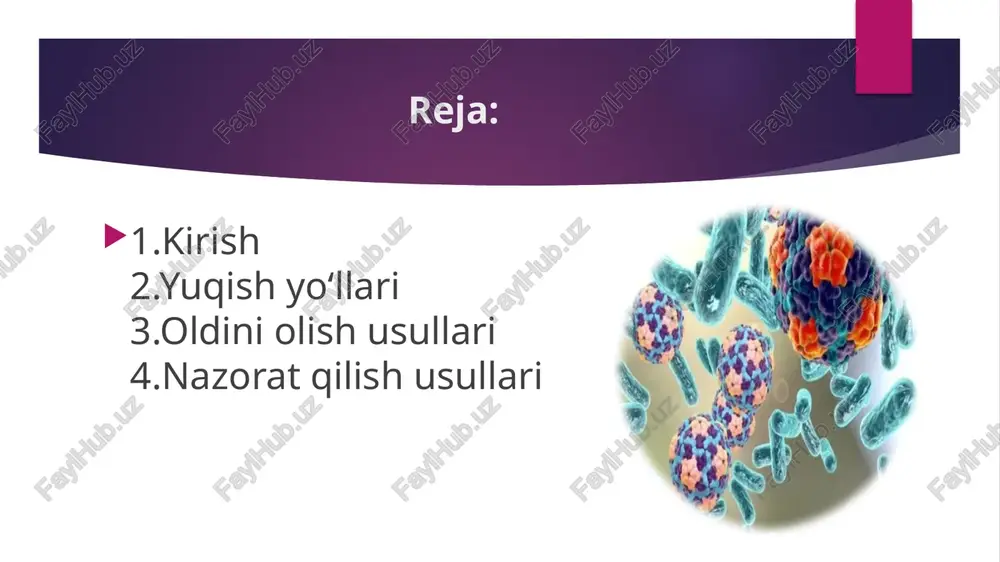 siyalari esa ekstraluminal (tashqi yuzasi orqali) yoki intraluminal (siydik turg‘unligi orqali) sodir bo‘ladi. yuqish yo‘llari oldini olish usullari gospital infeksiyalarining oldini olishning asosiy elementi qo‘l gigienasi bo‘lib, bu patogenlar tarqalishini kamaytirishning eng samarali usuli hisoblanadi. jahon sog‘liqni saqlash tashkiloti qo‘l gigienasining beshta muhim lahzasini belgilaydi: bemorga teginishdan oldin, toza yoki aseptik protseduralardan oldin, tana suyuqliklari bilan aloqadan keyin, bemorga teginishdan keyin va atrofga teginishdan keyin. alkogol asosidagi dezinfeksiya vositalari sovun va suvdan afzalroq, lekin ifloslangan qo‘llarda yoki sporali patogenlarda (masalan, clostridioides difficile) sovun ishlatiladi. oldini olish usullari standart choralar: shaxsiy himoya vositalari (qo‘lqop, xalat, niqob, ko‘z himoyasi) qon va tana suyuqliklaridan himoya qiladi. yuqishga asoslangan choralar: kontakt (yakka xonada, qo‘lqop va xalat), tomchi (jarrohlik niqoblari, masofa) va havo (n95 respiratorlari, salbiy bosimli izolyatsiya) uchun. qurilma bilan bog‘liq choralar: markaziy chiziq va kateterlarni zarur bo‘lmaganda olib tashlash, xlorgeksidin bilan terini dezinfeksiya qilish, intermitent kateterizatsiya va mexanik ventilyatsiyani qisqartirish. jarrohlik oldidan: antibiotik …