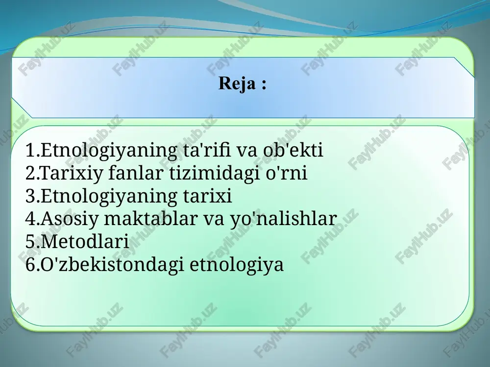 oti, 2021, 30-45-betlar tarixiy fanlar tizimidagi o'rni etnologiya tarixiy fanlar bilan birlashib, etnoistoriya (ethnohistory) yo'nalishini yaratadi, bu yerda etnografik va tarixiy ma'lumotlar birgalikda ishlatiladi. masalan, etnologiya orqali biz qadimgi jamiyatlarning sinfiy tuzilishi, ibtidoiy jamoa va etnik tarixini tushunamiz. u insoniyat fanlari tizimida asosiy o'rin egallaydi, chunki antropologiya va etnologiya inson tabiatini va jamiyatni o'rganishda markaziy rol o'ynaydi. manba: doniyorov a.x. markaziy osiyo xalqlari tarixi va etnologiyasi. toshkent: tdshu nashriyoti, 2021, 30-45-betlar etnologiyaning tarixi fanning o'quv-metodik majmuasi etnologiyaning ildizlari xviii asr oxiri – xix asr boshlariga borib taqaladi, qachonki yevropalik tabiatshunoslar xalqlarning jismoniy va madaniy farqlarini o'rganishni boshlaganlar. dastlab etnologiya antropologiyaning bir qismi sifatida rivojlangan va xix asrda mustaqil fan bo'lib shakllangan. xx asrda etnologiya "etnoilm" kabi yangi yo'nalishlarga o'tdi, bu yerda mahalliy bilimlar va ilm-fan o'rtasidagi bog'lanish o'rganiladi. manba: mavlonov a.a. etnologiya. toshkent: akademnashr, 2023, 50-65-betlar etnologiyaning tarixi fanning o'quv-metodik majmuasi o'zbekistonda etnologiyaning dastlabki ma'lumotlari xix asr oxirida paydo bo'lgan, …