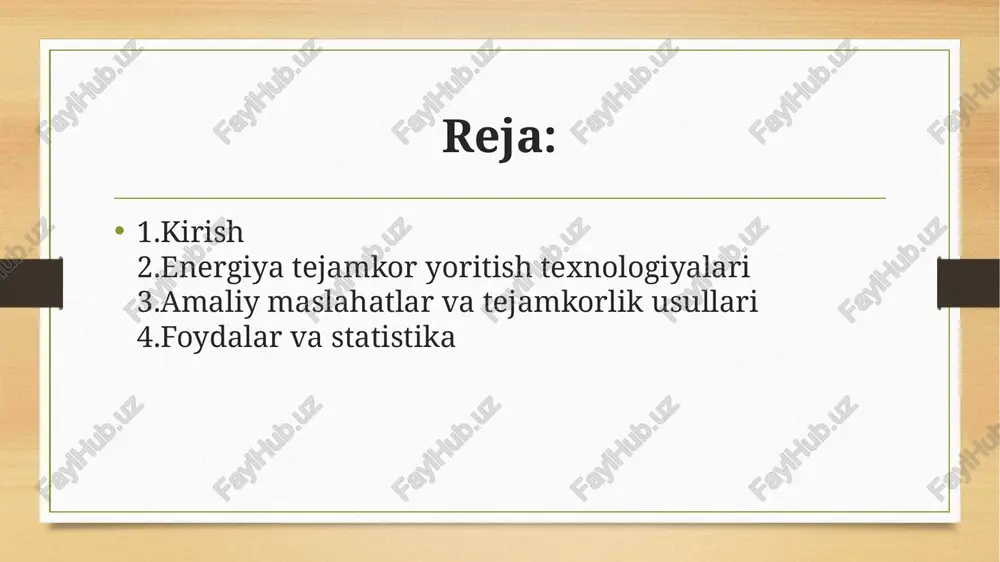sh: an'anaviy cho'g'lanma lampalarni led yoki cfl bilan almashtiring. bu xarajatni 30% kamaytiradi va atrof-muhitga foydali. - boshqaruv tizimlaridan foydalanish: harakat sensori va vaqt taymerlari yordamida keraksiz yoritishni o'chiring. aqlli tizimlar orqali masofadan boshqaruv mumkin. amaliy maslahatlar va tejamkorlik usullari - eski qurilmalarni yangilash: past yo'qotishli ballastlar va yangi armaturalarni o'rnatish orqali samaradorlikni oshiring. - energy star sertifikatli mahsulotlar: bu mahsulotlar yuqori samaradorlikka ega va led armaturalar uchun tavsiya etiladi. - quyosh va tabiiy yorug'lik: quyosh energiyali yoritish va derazalardan tabiiy yorug'likdan foydalanish energiya sarfini sezilarli darajada kamaytiradi. foydalar va statistika - iqtisodiy foyda: yoritish xarajatlarini 30-50% kamaytirish mumkin. masalan, led'lar yiliga o'rtacha 100-200 kvt/soat tejaydi. - ekologik foyda: kamroq energiya sarfi co2 emissiyasini qisqartiradi va atrof-muhitni saqlaydi. - sog'liq va qulaylik: yaxshi rang berish (cri) va dimmerlar orqali ko'zlar uchun qulay yorug'lik. xulosa yoritishda energiya tejamkorligi oddiy o'zgarishlar orqali erishiladigan katta muvaffaqiyat. led va aqlli texnologiyalarni qo'llash orqali siz …