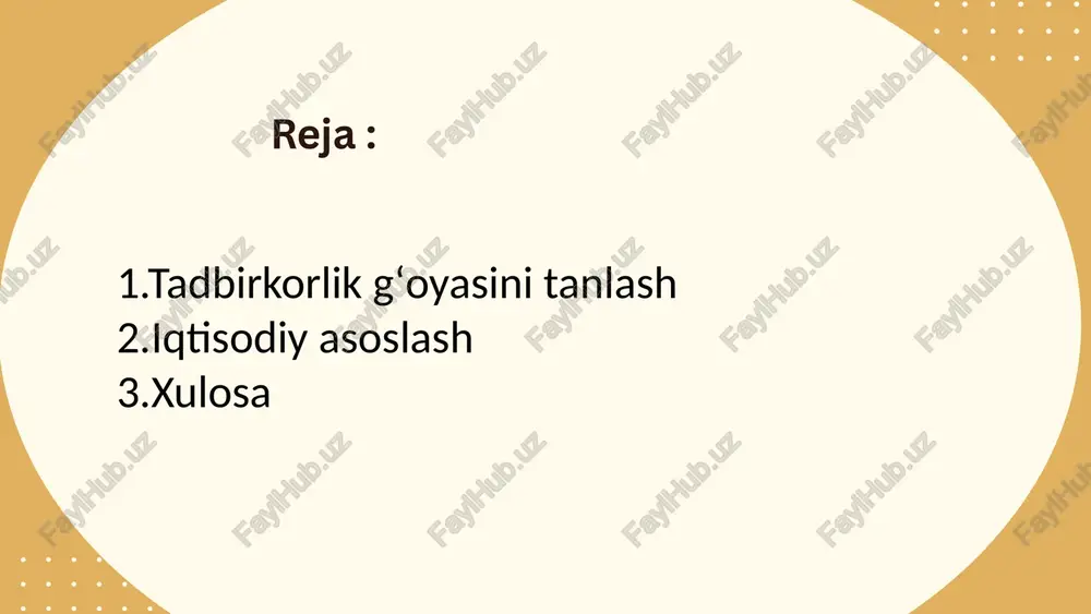 stries 01 iqtisodiy asoslash – bu gʻoyaning amaliy va moliyaviy jihatdan hayotiy ekanligini isbotlash. bu jarayonni oʻtkazish uchun imkoniyatlarni baholash tadqiqoti (feasibility study) oʻtkaziladi. quyida 6 ta asosiy qadam mavjud. tadbirkorlik gʻoyasini iqtisodiy asoslash 1-qadam: dastlabki tahlil oʻtkazing. gʻoyaning umumiy tavsifini yozing va potentsial xatarlarni aniqlang. bu bosqichda loyihaning maqsadini va asosiy parametrlarini belgilang. 2-qadam: bozor tadqiqoti va raqobat tahlili. bozor hajmini, mijozlar ehtiyojlarini va raqobatni baholang. masalan, bozor soʻrovlarini oʻtkazing va talabni prognoz qiling. tadbirkorlik gʻoyasini iqtisodiy asoslash 3-qadam: texnik imkoniyatlarni baholang. biznesni amalga oshirish uchun zarur resurslar (texnologiya, jihozlar) mavjudligini tekshiring. 4-qadam: moliyaviy prognozlarni tuzing. daromadlar, xarajatlar, naqd pul oqimi va rentabellikni hisoblang. masalan, break-even nuqtasini (zarar chiqmaslik darajasi), roi (investitsiya rentabelligi) va npv (sof hozirgi qiymat) koʻrsatkichlarini hisoblang. daromadlar xarajatlardan oshishi kerak. tadbirkorlik gʻoyasini iqtisodiy asoslash 5-qadam: inson resurslari va operatsion imkoniyatlarni baholang. jamoa va jarayonlarning samaradorligini tekshiring, shuningdek, huquqiy va ekologik jihatlarni hisobga oling. 6-qadam: xulosaviy …