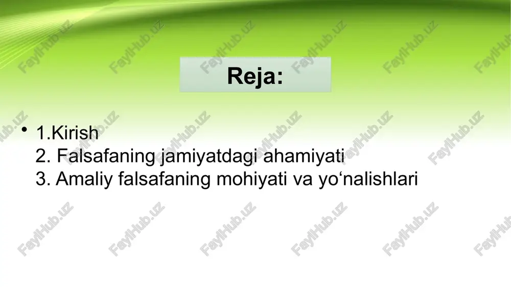 kelgan. masalan, jon lokkning siyosiy falsafasi zamonaviy demokratiya asoslarini shakllantirishda muhim rol o‘ynadi. amaliy falsafaning mohiyati va yo‘nalishlari amaliy falsafa falsafiy bilimlarni kundalik hayotda va turli ijtimoiy sohalarda qo‘llashga qaratilgan. u nazariy falsafadan farqli o‘laroq, amaliy muammolarni hal qilishga yo‘naltirilgan. quyida amaliy falsafaning asosiy yo‘nalishlari keltiriladi: 1. axloqiy falsafa (etika): amaliy etika insonlarning kundalik hayotidagi axloqiy dilemmalarni hal qilishga yordam beradi. 2. siyosiy falsafa: siyosiy falsafa davlat boshqaruvi, adolat va huquq tizimlari haqida fikr yuritadi. amaliy jihatdan, u qonunlarning adolatli bo‘lishi, fuqarolar huquqlari va ijtimoiy tenglik masalalarini ko‘rib chiqadi. 3. ilmiy falsafa: ilmiy tadqiqotlarning axloqiy va metodologik asoslarini tahlil qiladi. 4. ta’lim falsafasi: amaliy falsafa ta’lim tizimida o‘quv jarayonlarini tashkil etish va o‘qitish metodlarini ishlab chiqishda yordam beradi falsafaning asosiy funksiyalari dunyoqarashni shakllantirish gnoseologik metodologik integrativ madaniy aksiologik axloqiy xulosa falsafa jamiyatda tanqidiy fikrlash, axloqiy qadriyatlar va ijtimoiy o‘zgarishlarni rag‘batlantirish orqali muhim rol o‘ynaydi. amaliy falsafa esa ushbu bilimlarni kundalik …
