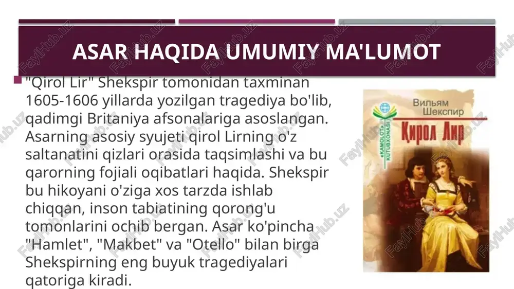 g qarori saltanatni vayron qiladi. asar hokimiyatni noto'g'ri taqsimlashning oqibatlarini ko'rsatadi, jamiyatdagi xaosni tasvirlaydi. asosiy mavzular jinnilik va aql: lirning jinniligi – g'urur va xatolarning natijasi. bu mavzu asarda ramziy: haqiqiy jinnilar emas, balki "aqlli" odamlarning xatolari ko'proq zarar keltiradi. oila va muhabbat: oilaviy ziddiyatlar markazda. muhabbat haqiqiy bo'lishi kerak, yaltaklik emas. bu mavzu orqali shekspir oila ichidagi xiyonatni tanqid qiladi. tanqidiy tahlil va talqinlar tanqidchilar "qirol lir"ni turli nuqtai nazardan tahlil qilishgan. masalan, samuel jonson asarni "juda qattiq" deb hisoblagan, chunki u begunohlarning azobini ko'rsatadi. zamonaviy tanqidda feministik talqinlar mavjud: qizlarning roli jamiyatdagi ayollar mavqeini aks ettiradi. psixologik tahlilda lirning jinniligi freyd nazariyasi bilan bog'lanadi – ichki konfliktlar. asar ko'pincha zamonaviy siyosiy voqealar bilan solishtiriladi, masalan, oilaviy va davlatdagi bo'linishlar. umuman, asar insoniyatning o'lim va ma'nosizlik oldidagi zaifligini ko'rsatadi, bu shekspirning pessimizmini aks ettiradi. asar besh parda va bir necha sahnalardan iborat. quyida qisqacha xulosa: birinchi parda: qirol lir …