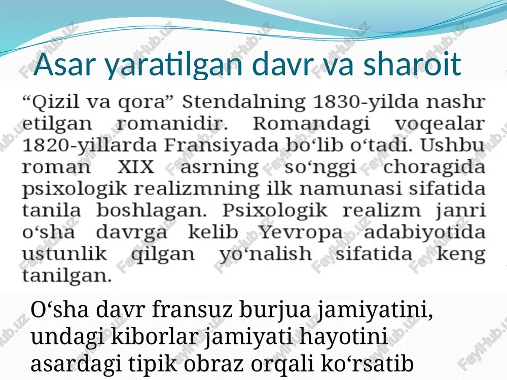 idayoq qor bilan qoplanadi.tog‘dan kattagina sog‘ oqib tushadi; sog‘ du daryosiga borib qo‘shilishiga qadar verrerni kesib o‘tadi-da, yo‘l-yo‘lakay behisob taxta tilish mashinalarini harakatga keltiradi. dialog * - hayot bilan vidolashsangiz afsuslanarmidingiz? - ha, hozir judayam afsuslanardim! lekin baribir sizni sevganimdan pushaymon bo‘lmasdim. (129-bet) ekspozitsiya badiiy asarning sujet kompozitsiyasi tugun - asar voqealari boshlanishiga turtki bo‘lgan voqea , asar konflikti qo‘yilgan joy.syujetning zaruriy elementlaridan biri. * jyulenning otasi uni janob de renalnikiga uning bolalariga tarbiyachilik qilish uchun yuborishi. voqealar rivoji- tugundan keyin keladigan va kulminatsiyaga qadar davom etadigan voqealar. * jyulen seminariyaga boradi. u yerda hech kimga yoqmaydi, lekin muvaffaqqiyatga erisha boshlaydi.keyin unda parijga borish imkoniyati tug‘iladi. u yerda janob de lya molga kotiblik qiladi, uning qizi matildani sevib qoladi. kulminatsiya-asar voqealar rivojining eng yuqori nuqtasi, konflikt benihoya kuchaygan o‘rni. * jyulen de renal xonimni de lya molga yozgan maktubini o‘qigach, uni cherkovda otib qo‘yishi yechim- syujet voqealari rivojining yakuni, ularning …