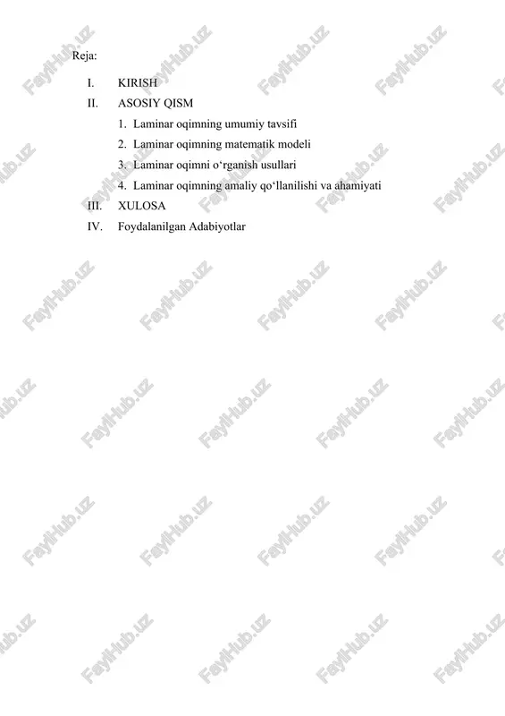 n suyuqlik uchun hagen-poiseuille tenglamasi qo‘llaniladi: bu yerda: q – hajmiy oqim tezligi, r – quvur radiusi, δp – bosim farqi, μ – dinamik viskozlik, l – quvur uzunligi. laboratoriya tajribalari: laminar oqimni tajribada kuzatish uchun quvurlar va suyuqliklarni nazorat qilish moslamalari ishlatiladi. rangli iz yoki lazer yordamida oqimning tartiblanganligini vizualizatsiya qilish usuli keng qo‘llaniladi. kompyuter simulyatsiyalari: kompyuter yordamida suyuqlik dinamikasini o‘rganish uchun cfd (computational fluid dynamics) dasturlari qo‘llaniladi. bu usul murakkab geometrik shakllar va sharoitlarda laminar oqimni o‘rganishda samarali hisoblanadi. laminar oqimning amaliy qo‘llanilishi tibbiyot: laminar oqim qon tomirlarida yoki venoz oqimlarda kuzatiladi va qon aylanishining muhim jihatlarini tushunishga yordam beradi. sanoat: kimyo sanoatida suyuqlikni aralashtirish va tashish jarayonlarida laminar oqim xususiyatlaridan foydalaniladi. havo tozalash tizimlari: laminar oqim yuqori tozalik talab qilinadigan muhitlarda (masalan, operatsiya xonalari yoki laboratoriyalar) toza havo oqimini ta’minlashda ishlatiladi. gidravlika: suv va boshqa suyuqliklarni quvurlar orqali tashishda energiyani tejash uchun laminar oqimdan foydalaniladi. laminar oqimning …