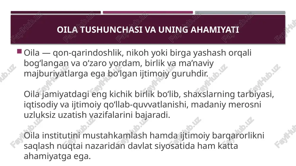 nda 1989 yildagi aholi ro‘yxati ma’lumotlariga ko‘ra, oilada yashovchi aholining: 4,3 % — 2 kishilik oilalarda 18,9 % — 3–4 kishilik kichik oilalarda 27,9 % — 5–6 kishilik o‘rta oilalarda 48,9 % — 7 va undan ko‘p kishilik katta oilalarda yashagan bu ko‘rsatkichlar oilalarning turli hajmdagi shakllari jamiyatda qanday tarqalishini yoritadi. tuzilishi bo‘yicha nikoh va huquqiy shakl bo‘yicha monogamiya — bir er va bir xotin shaxslarning nikohdagi shakli, eng keng tarqalgan. poligamiya / ko‘p xotinlilik — bir er bir nechta xotin bilan bo‘lishi; ayrim jamiyatlarda qo‘llaniladi, lekin huquqiy cheklovlar bo‘lishi mumkin. nikohsiz yondashuv — rasmiy nikohsiz, lekin birga yashash va oila munosabatlari shakllangan holatlar. nikoh va ajrashish tendensiyalari o‘zbekistonda nikohlanish jarayoni va ajralish darajasi demografik tarkibga ta’sir ko‘rsatadi. 1989 yilda har 1000 aholiga to‘g‘ri keladigan nikohlarning soni o‘zbekiston bo‘yicha yuqori bo‘lgan (taxminan 10 nikoh). keyinchalik bu ko‘rsatkich pasaygan (8–9 nikoh). nikoh yoshining oshishi, urbanizatsiya, o‘qish va kasbga egiluvchilar sonining ortishi …