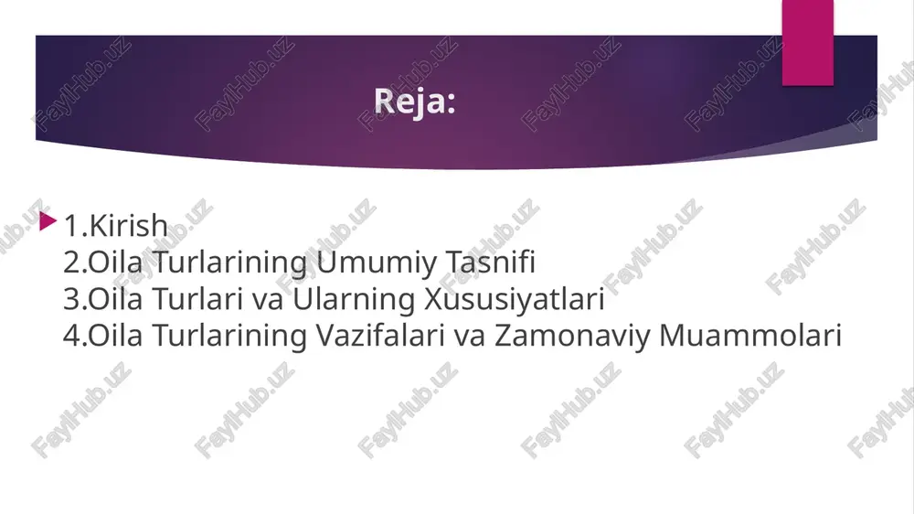 hanlik, shaxsiy erkinlik yuqori. masalan, o'zbekistonning shahar oilalarida (toshkentda) nuklear oilalar 40% ni tashkil etadi, chunki ishchi migratsiya va ta'lim sababli. - kamchiliklari: katta oilaviy inqirozlarda yordam kam, emotsional yuk og'ir. tadqiqotlar shuni ko'rsatadiki, bunday oilalarda ajralish darajasi yuqori (jahon o'rtacha 30–40%). - misol: yosh oila – 25 yoshli er-xotin va 2 farzandi. ularning hayoti mehnat va ta'limga asoslangan. asosiy oila turlari va ularning xususiyatlari kengaytirilgan (katta) oila bu bir necha avlod vakillarini o'z ichiga oladi: ota-ona, farzandlar, bobolar va buvilar, ba'zan aka-uka va singillar. o'zbek oilalarida an'anaviy shakl. - xususiyatlari: kollektiv mas'uliyat, iqtisodiy resurslarni birgalikda boshqarish, tarbiyada kattalar tajribasi ustun. qishloq joylarda 60% ga yaqin. - afzalliklari: emotsional qo'llab-quvvatlash kuchli, bolalar uchun ijtimoiy tajriba boy. o'zbekistonning "oila" markazi tadqiqotiga ko'ra, bunday oilalarda farzandlar soni o'rtacha 4–5 ta, bu esa tug'ilish ko'rsatkichini oshiradi. - kamchiliklari: iqtisodiy yuk og'ir, shaxsiy erkinlik cheklangan. zamonaviy o'zgarishlar (migratsiya) sababli soni kamaymoqda. - misol: qishloq …