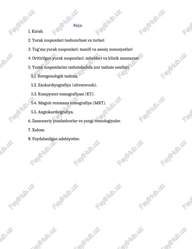 ining embrional davrida paydo bo‘lib, yurakning normal shakllanish jarayonida buzilish natijasida yuzaga keladi. asosiy sabablarga genetik mutatsiyalar, homiladorlik paytidagi infeksiyalar, onaning dori vositalari qabul qilishi yoki ekologik omillar kiradi. tyn lar quyidagi asosiy turlarga bo‘linadi: - atrial septal defekt (asd), - ventrikulyar to’siq defekt (vsd), - fallo tetradasi; - ochiq arterial kanal (oak), - katta tomirlarning noto‘g‘ri joylashuvi. ushbu patologiyalar ko‘pincha chaqaloqlarda sianoz, hansirash, o‘sishdan orqada qolish bilan kechadi. bugungi kunda tyn tashxisida ultratovush, kt va mrt asosiy o‘rin tutmoqda. orttirilgan yurak nuqsonlari: sabablari va klinik manzarasi. orttirilgan yurak nuqsonlari asosan revmatik kasalliklar, ateroskleroz, infeksion endokardit, shuningdek, yoshi katta odamlarda degenerativ o‘zgarishlar natijasida yuzaga keladi. eng ko‘p uchraydiganlari: mitral stenoz, aorta stenoz va yetishmovchiligi, trikuspidal yetishmovchiligi. klinik belgilar: - tez-tez hansirash, - yurak urish tezlashishi (taxikardiya), - oyoqlarda shish, - ko‘krak qafasidagi og‘riqlar, - hushdan ketish holatlari. davolash ko‘pincha jarrohlik (klapan protezlash yoki rekonstruksiya qilish) orqali amalga oshiriladi. shu sababli, …