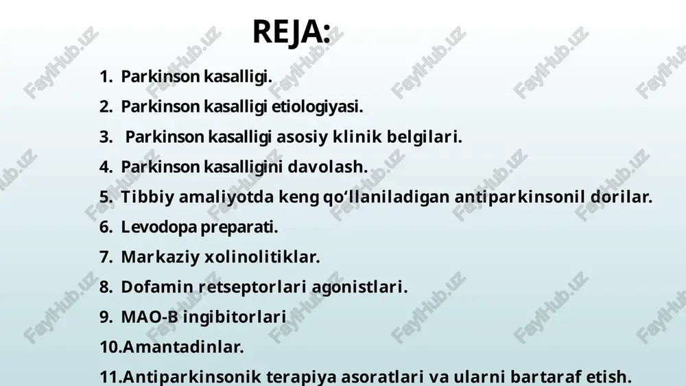 eroid dorilar, tsinnarizin, diprazin, tserukal, tsiklosporin, valproat natriy, fluoksetin) bilan davolash asoratlari, bosh miyaning qon tomir kasalliklari (dtse, insultlar), bosh miya jarohatlari (masalan, bokschilarda), oltingugurt, marganets, qo‘rg‘oshin, metil va etil spirtlari, fosfororganik birikmalar, is gazi bilan zaharlanishlar va boshqa omillar (giyohvandlik, alkogolizm). shuningdek, parkinsonizm nasliy omillar sababli ham rivojlanadi va bunday paytlarda parkinson kasalligi haqida so‘z ketadi. 4 parkinson kasalligi asosiy klinik belgilari. 1) gipokineziya − harakatlar sustligi; 2) oligokineziya − harakatlar kamligi; 3) akineziya − harakatlar yo‘qligi; 4) mushaklar rigidligi; 5) tinch holatdagi tremor. parkinsonizmda harakatlar hajmi kamaygan bo‘lsa-da, mushaklar kuchi saqlanib qoladi. bu kasallikda yuzaga keladigan aksariyat simptomlar mushaklar tonusi oshuvi bilan bog‘liq. barcha bukiluvchi mushaklar tonusi oshganligi bois, bemorning boshi oldinga egilgan, gavdasi bukchaygan, qo‘llari tirsak va oyoqlari tizza bo‘g‘imida bukilgan bo‘ladi. bemorning qo‘llari doimo titrab turadi, u kichik qadamlar tashlab yuradi. yuz ko‘rinishi niqobsimon (gipomimiya, amimiya), ko‘zlari bir nuqtaga qadalib, nigohida hissiy alomatlar so‘ngan bo‘ladi. parkinsonizmda …