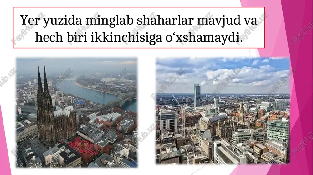 eng avvalo 3 toifaga bo‘linadi katta, o‘rta va kichik. ayni paytda shaharlarning katta — kichikligini belgilovchi miqdoriy ko‘rsatkichlar ham hamma vaqt va barcha mamlakatlarda bir xil emas. tabiiyki, uzoq qishloq aholisi uchun tuman markazi ham ancha yirik shahar hisoblanadi. shuni alohida ta’kidlash joizki, geografik taqqoslash va ilmiy tadqiqotlarni bajarishda barchaga xos bo‘lgan umumiy mezon kerak, ya’ni shaharlarning yiriklik kategoriyasi, sub’ektiv va mahalliy qarashlaridan qatiy nazar, hammaga bir bo‘lishi shart. shu nuqtai nazardan yondashganda yirik yoki katta shaharlar aholisi 100 ming kishidan ortiq, o‘rta shaharlarda 50-100 ming va kichik shaharlarning har birida kamida 50 ming kishigacha aholi bo‘lishi kerak maxsus ilmiy tadqiqotlarda esa shaharlar tasnifi ancha keng turlangan bo‘ladi: 10 minggacha - mayda shahar 10-20 ming- kichik shahar 20-50 ming- «yarim o‘rta» shahar 50-100ming- o‘rta shahar 100-250ming- katta shahar 250-500ming- yirik shahar 500ming -1mln.- eng yirik shahar 1mln. va undan ortiq- millioner shahar. shaharlarning bunday miqdoriy ko‘rsatkichlari tasodifan bo‘lmay, u ma’lum …