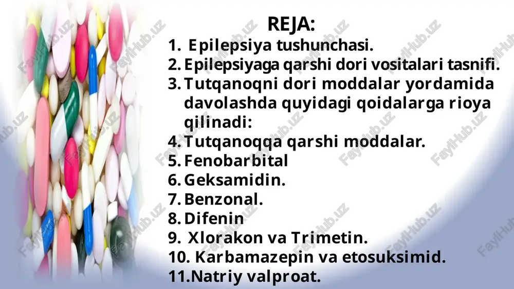 ladigan modda — fenobarbital (barbiturat unumlaridan) 1912-yilda olingan. fenobarbitalning uxlatuvchi xususiyati kuchli bo'lgani uchun shu moddaga kimyoviy jihatidan o'xshash, lekin uxlatuvchi ta’siri kamroq moddalar— benzonal, difenin, trimetin, geksamidin, xlorakon va boshqalar sintez qilingan. yuqorida keltirilgan tutqanoqqa qarshi moddalarning ta’sir mexanizmi to'la-to'kis aniqlangan emas, ular epileptogen o'choqdagi neyronlarning qo'zg'aluvchanligini, impulslarning tarqalishini kamaytiradi. tutqanoqqa qarshi moddalar neyronlar membranalarini mustahkamlab, ulaming reflektor davrini oshiradi, neyronlararo o'tkazuvchanlikni, epileptik o'choqdan o'tadigan impulslarning tarqalishini kamaytiradi. neyronlararo o'tkazuvchanlik, qo'zg'aluvchanlik jarayonlarining kamayishi moddalami tormozlovchi jarayonlarining kuchaytirishiga ham bog'liq, bu moddalar talvasaga sabab bo'ladigan sohani susaytiradi, ba’zi ma’lumotlarga ko'ra, tutqanoqqa qarshi moddalar bosh miyada gamk miqdorini oshirishi, miya hujayralarida natriy ionlarini kamaytirishi bilan bog'liq. 4 tutqanoqni dori moddalar yordamida davolashda quyidagi qoidalarga rioya qilinadi: tutqanoq xurujlarining turiga qarab davo qilish; 2) davolash uzluksiz va davomli bo'ladi, moddalar tutqanoq xurujlari yo'qolgandan keyin yana 3-5 yil davomida qo'llaniladi; 3) bolalarda tutqanoqqa qarshi moddalarga o'rganib qolish hollari kam uchraydi, shuning uchun qo'llanilayotgan …