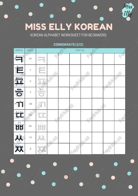 korean alphabet worksheet for beginners - Page 2