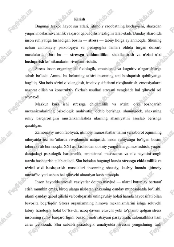 hidamlilik va o‘zini o‘zi boshqarish masalalari insonning shaxsiy, kasbiy hamda ijtimoiy muvaffaqiyati uchun hal qiluvchi ahamiyat kasb etmoqda. inson hayotida stressli vaziyatlar doimo mavjud — ularni butunlay bartaraf etish mumkin emas, biroq ularga nisbatan shaxsning qanday munosabatda bo‘lishi, ularni qanday qabul qilishi va boshqarishi uning ruhiy holati hamda hayot sifati bilan bevosita bog‘liqdir. stress organizmning himoya mexanizmlarini ishga soluvchi tabiiy fiziologik holat bo‘lsa-da, uzoq davom etuvchi yoki to‘planib qolgan stress insonning ruhiy barqarorligini buzadi, motivatsiyani pasaytiradi, salomatlikka ham zarar yetkazadi. shu sababli psixologik amaliyotda stressni yengishning turli shakllari va o‘zini o‘zi boshqarish mexanizmlarini o‘rganish muhim ilmiy va amaliy masalalardan biri hisoblanadi. o‘zini o‘zi boshqarish — bu shaxsning o‘z fikr, his-tuyg‘u, xatti-harakat va holatini ongli ravishda tartibga solish qobiliyatidir. bu jarayon orqali inson o‘z emotsiyalarini nazorat qila oladi, vaziyatni adekvat baholaydi, to‘g‘ri qarorlar qabul qiladi hamda shaxsiy rivojlanish yo‘lida mustahkam motivatsiyani saqlab qoladi. o‘zini o‘zi boshqara olgan inson stressli vaziyatlarda ham …
