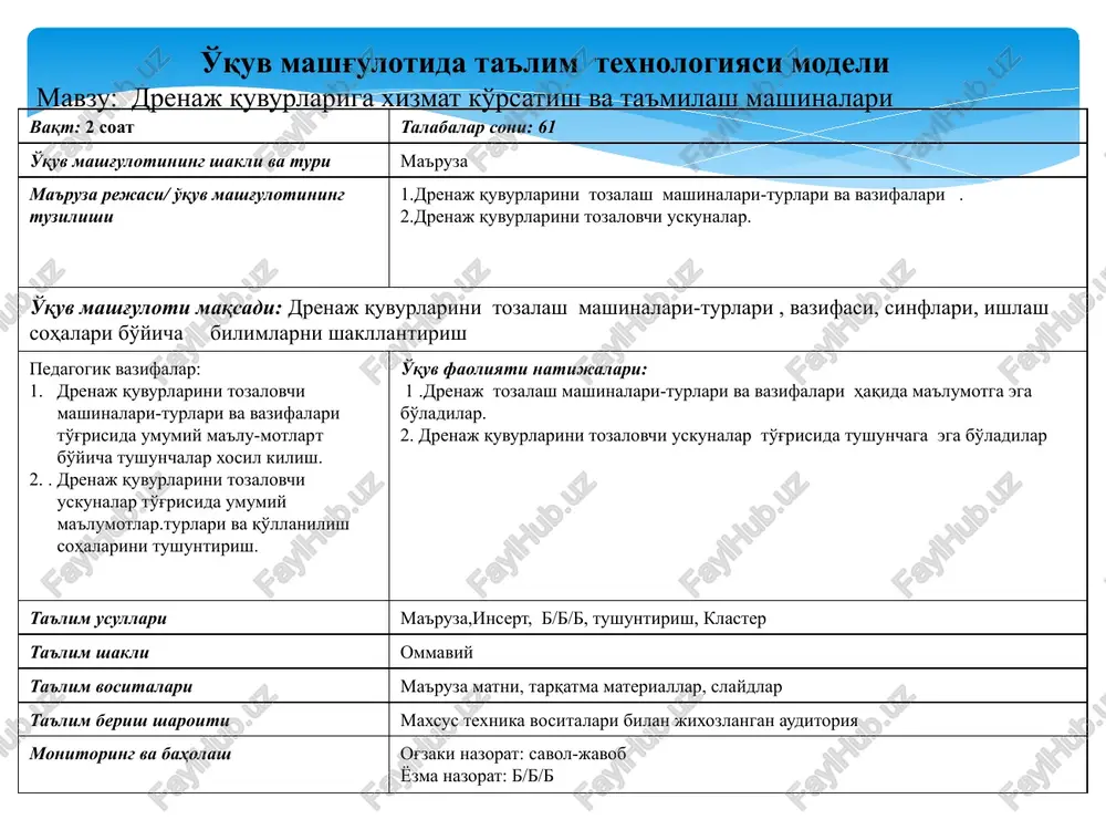 mlarini aniqlaydi.(1-ilova) 2.3. b/b/b usulidan foydalanib, yuklash – tushirish mashinalari to'g'risida umumiy ma'lumotlar.ularning turlari va qo'llanilish sohalari to'g'risida ko'nikmasini aniqlaydi(2-ilova). 2.4. asosiy tushunchalarga ta'rif beradi. 2.5. klaster yordamida yuklash - tushirish mashinalarining vazifalari, sinflari va ishlash(qo'llanilish) sohalari ni tizimlashtiradi (3-ilova). javob beradilar. o'qiydilar, yozib boradilar. tushunchalarni muxokama qiladilar. ma'lumotlarni daftarga qayd qiladilar. kuzatadilar, muhokama qiladilar. 3-bosqich. yakuniy 15 daqiqa 3.1. mavzu bo'yicha yakun yasaydi, ushbu fanni kelgusidagi kasbiy faoliyatlaridagi axamiyatini ochib beradi. 3.2. mustaqil ishni bajarish bo'yicha tavsiyalar beradi. savol beradilar. yozib oladilar. 1-ilova insert texnikasini qo'llagan xolda ish yuritish qoidalari matnni o'king. qatorlariga qalam bilan belgilar qo'yib, olingan ma'lumotlarni tizimlashtiring: v – mavjud bo'lgan bilimlarga mos keladi; - - ..haqidagi bilimlarga e'tiroz bildiradi; + - yangi ma'lumotlar hisoblanadi; ? – tushunarsiz qo'shimcha ma'lumot talab qilinadi. 2-ilova b/b/b (bilaman/ bilishni xoxlayman/ bilib oldim) «insert» texnikasidan foydalanib matnni o'qing. olingan ma'lumotlarni tizimlashtiring – matnga qo'yilgan belgilar asosida jadval qatorlarini to'ldirib chiqing. …