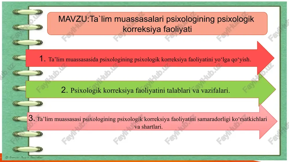 o‘ziga xos xususiyatlari va muammolariga moslashtirilgan holda ishlab chiqiladi. bunga stressni yengish, o‘z-o‘zini boshqarish, xulq-atvorni sozlash, hissiy barqarorlik kabi maqsadli dasturlar kiradi. 4. psixologik treninglar: ta’lim muassasalarida o‘quvchilar uchun turli psixologik treninglar tashkil etilishi mumkin. bular guruhlararo muloqot qobiliyatlarini rivojlantirish, jamoaviy faoliyatni qo‘llab-quvvatlash, empatiya va tushunishni kuchaytirishga yo‘naltirilgan bo‘lishi mumkin. 5. psixologik qo‘llab-quvvatlash va monitoring: psixologning korreksiya faoliyatida o‘quvchilarni doimiy kuzatish va qo‘llab-quvvatlash o‘ta muhim. u o‘quvchilarning o‘zlarini rivojlantirish jarayonida qanday o‘zgarishlar yuz berayotganini muntazam kuzatadi va kerak bo‘lganda qo‘shimcha chora-tadbirlar ko‘radi. 6. ota-onalar va o‘qituvchilar bilan hamkorlik: psixologning ta’lim muassasasidagi faoliyati faqat o‘quvchilar bilan cheklanmasligi kerak. ota-onalar va o‘qituvchilar bilan hamkorlik o‘quvchilarning muammolarini aniqlash va yechishda, ularni to‘g‘ri yo‘naltirishda muhim ahamiyatga ega. ota-onalar va o‘qituvchilar uchun maxsus treninglar, maslahatlar tashkil etish orqali bu hamkorlik mustahkamlanadi. 7. psixokorreksion texnikalar: psixolog o‘quvchilarning o‘zini anglashi va rivojlanishiga ko‘mak beruvchi turli texnikalarni qo‘llaydi. masalan, relaksatsiya texnikalari, ijobiy fikrlashni rivojlantirish, vizualizatsiya usullari, muammoni hal …