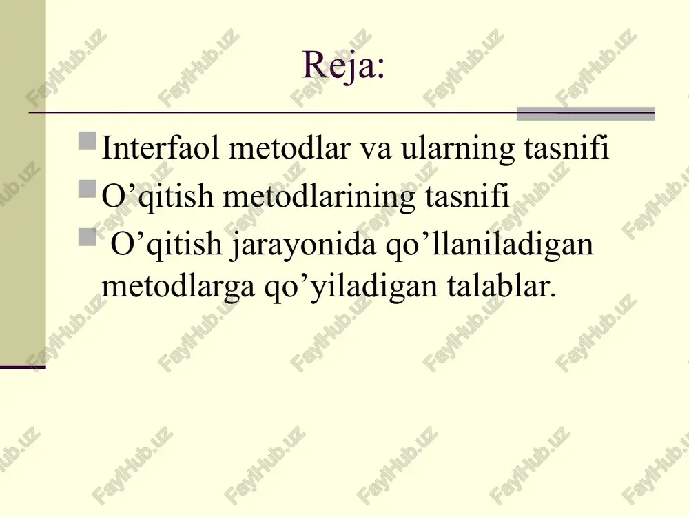 i: interfaol mashg’ulot turlari: aqliy hujumi masalan: talabalarga pedagogika tarmoqlarini sanab berish topshiriladi. javob berilayotganda – javoblar izohlanmaydi yoki o’rinsiz deb rad etilmaydi. javoblar tugagach talabalar o’qituvchi bilan birgalikda javoblarni muhokama qilishadi. guruh a’zolari shu mavzu yuzasidan gaplashib, miyaga nima kelsa, shularning hammasini daftarga yozib olishadi. keyin hamma o’z fikrini bayon etadi. g’oyalarni yozish uchun bir kishini ajratish kifoya qiladi. bu metod guruhni birlashtirib, yakdil qiladi. «dumaloq stol» «dumaloq stol» metodi. bu metod amaliy mashg'ulot uchun qulay. bunda o'qituvchi tomonidan bitta savol yozilgan varaq kichik guruhga taqdim etiladi. savol talabalar o'zlarining ismi-shariflari va savolga javoblarini yozib, varaqni yonidagi talabaga uzatadi. shu tariqa yozilgan javoblar yig'ishtirib olinib, talabalar ishtirokida noto'g'rilari o'chirib chiqiladi va natijalar baholanadi. topshiriq yozib qo’yilgan qog’oz varag’i davra bo’ylab o’tkaziladi. har bir talaba o’zining javob variantini yozib qo’yadi va varaqni boshqa talabaga uzatadi. javoblar tugagach, muhokama bo’ladi. noto’g’ri javoblar o’chiriladi, to’g’ri javoblar soniga qarab talabalar baholanadi. masalan: 1 …