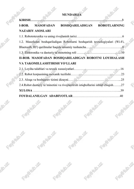 qariladigan texnik qurilmalardir. bunday robotlar turli muhitlarda, jumladan, xavfli yoki inson uchun yetib borish qiyin bo‘lgan joylarda samarali ishlash imkoniyatiga ega. ularning asosiy afzalliklari – aniqlik, ishonchlilik va masofadan turib boshqarish imkoniyati hisoblanadi.ushbu ishda masofadan boshqariladigan robotlarning nazariy asoslari, ularning tuzilishi, ishlash tamoyillari hamda zamonaviy texnologiyalar bilan integratsiyasi o‘rganiladi. shuningdek, robotlarni boshqarish usullari, dasturiy va apparat ta’minoti, aloqa tizimlari va qo‘llanilish sohalari haqida batafsil ma’lumot beriladi. mazkur tadqiqot robototexnikaning dolzarb yo‘nalishlarini o‘rganish va ularning kelajakdagi rivojlanish istiqbollarini aniqlashga xizmat qiladi. kurs ishi mavzusining dolzarbligi. hozirgi kunda robototexnika va avtomatlashtirish tizimlari fan-texnika taraqqiyotining eng muhim yo‘nalishlaridan biri bo‘lib, sanoat, qishloq xo‘jaligi, harbiy soha, tibbiyot va kundalik hayotda keng qo‘llanilmoqda. ayniqsa, masofadan boshqariladigan robotlar yuqori xavfli hududlarda (masalan, atom elektr stansiyalarida, konchilik sanoatida, harbiy operatsiyalarda va favqulodda vaziyatlarda) samarali ishlashi bilan alohida ahamiyat kasb etadi.masofadan boshqariladigan robotlarning dolzarbligi quyidagi omillar bilan izohlanadi:inson xavfsizligini ta’minlash – ushbu robotlar inson hayoti uchun xavfli bo‘lgan …